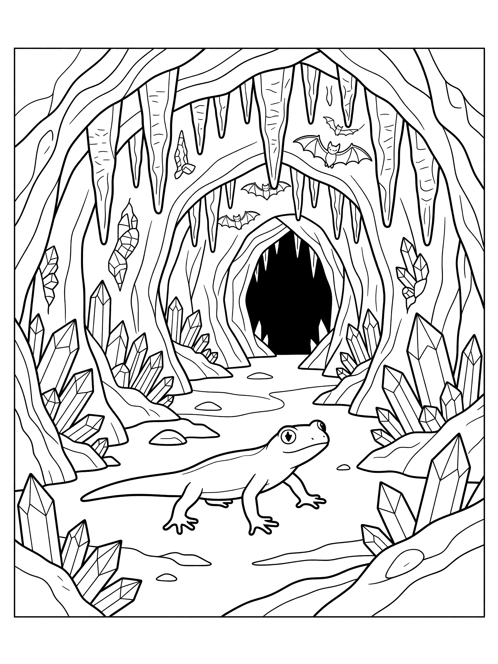 Black and white line art coloring page showing a gecko walking in a cave with hanging stalactites, sparkling crystals on walls, bats above, and a dark cave opening. Salamander themed black and white printable line art