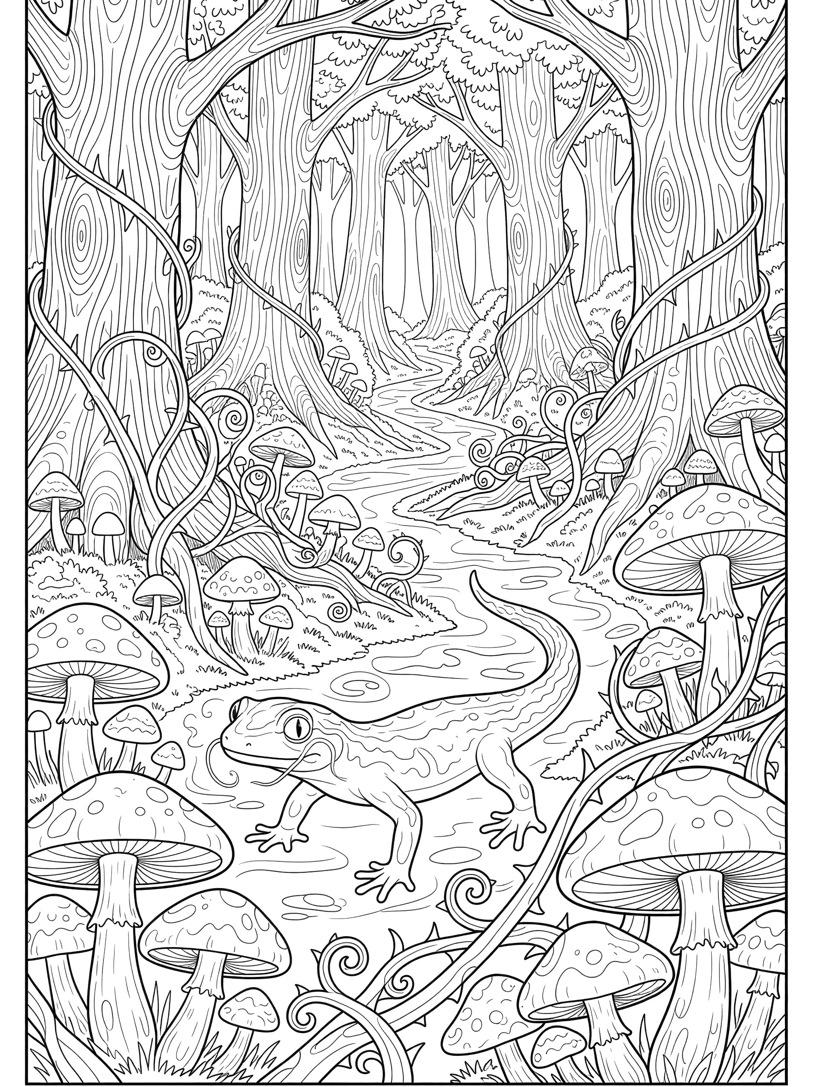 Black and white line art coloring page showing a gecko in a detailed forest scene with mushrooms, twisting vines, tall trees, and a stream path. Salamander themed black and white printable line art