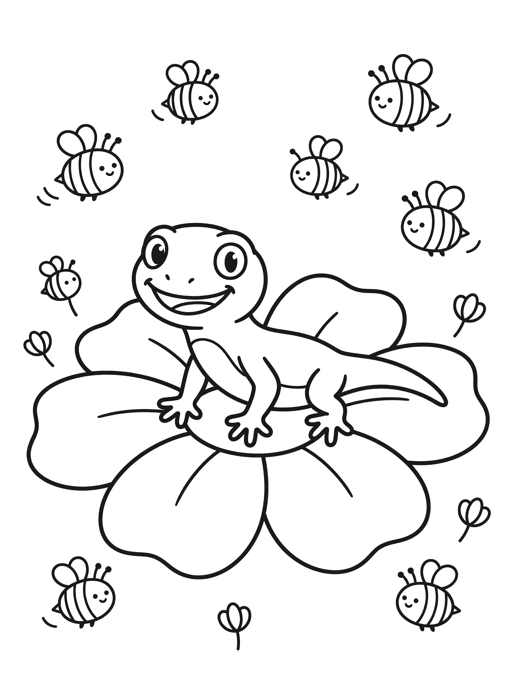 Black and white line art coloring page showing a happy gecko on a large flower surrounded by bees and flower buds