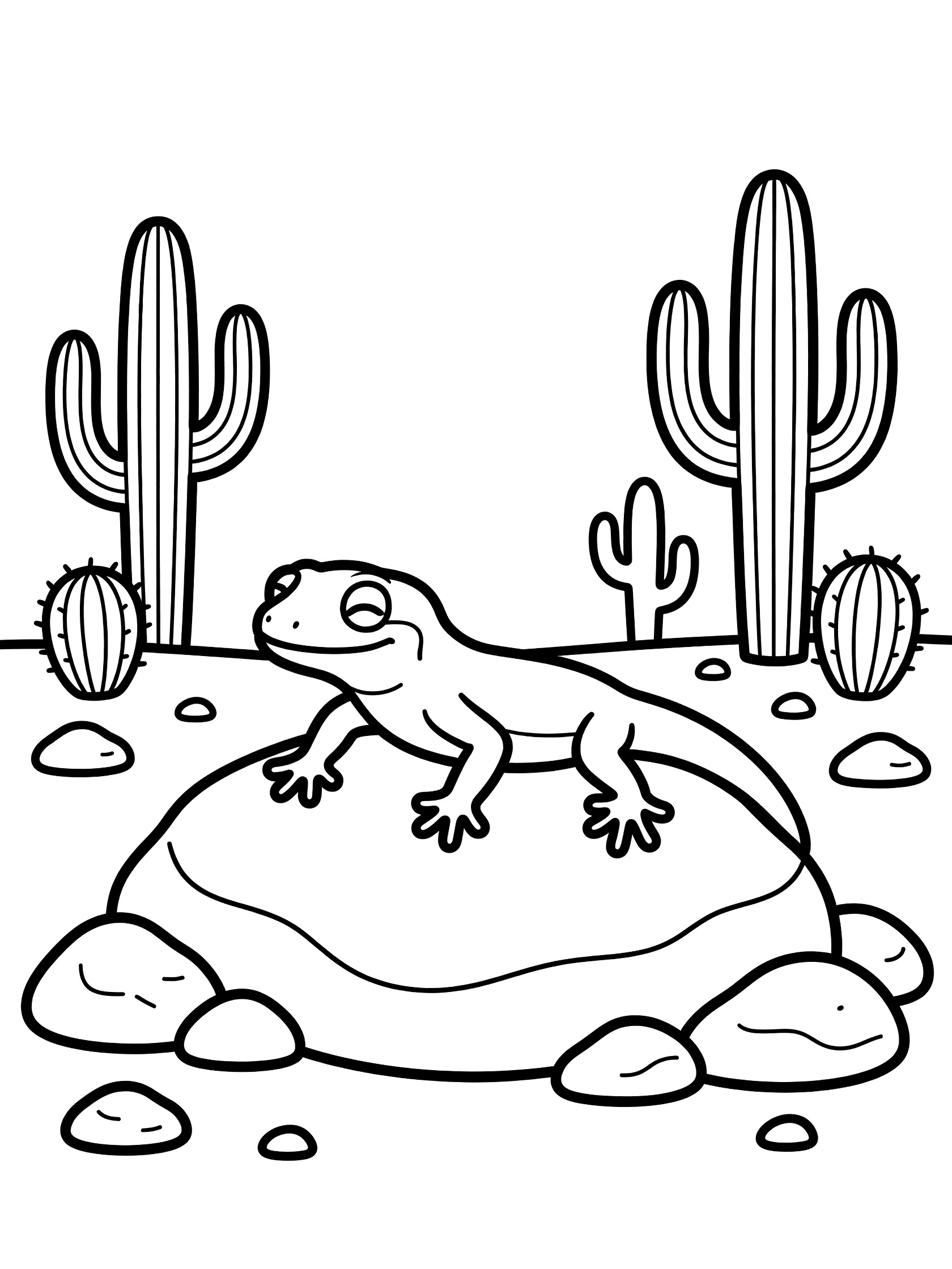 Black and white line art coloring page showing a gecko lying on a rock with spread toes, next to tall cacti and ground pebbles in a simple desert scene.