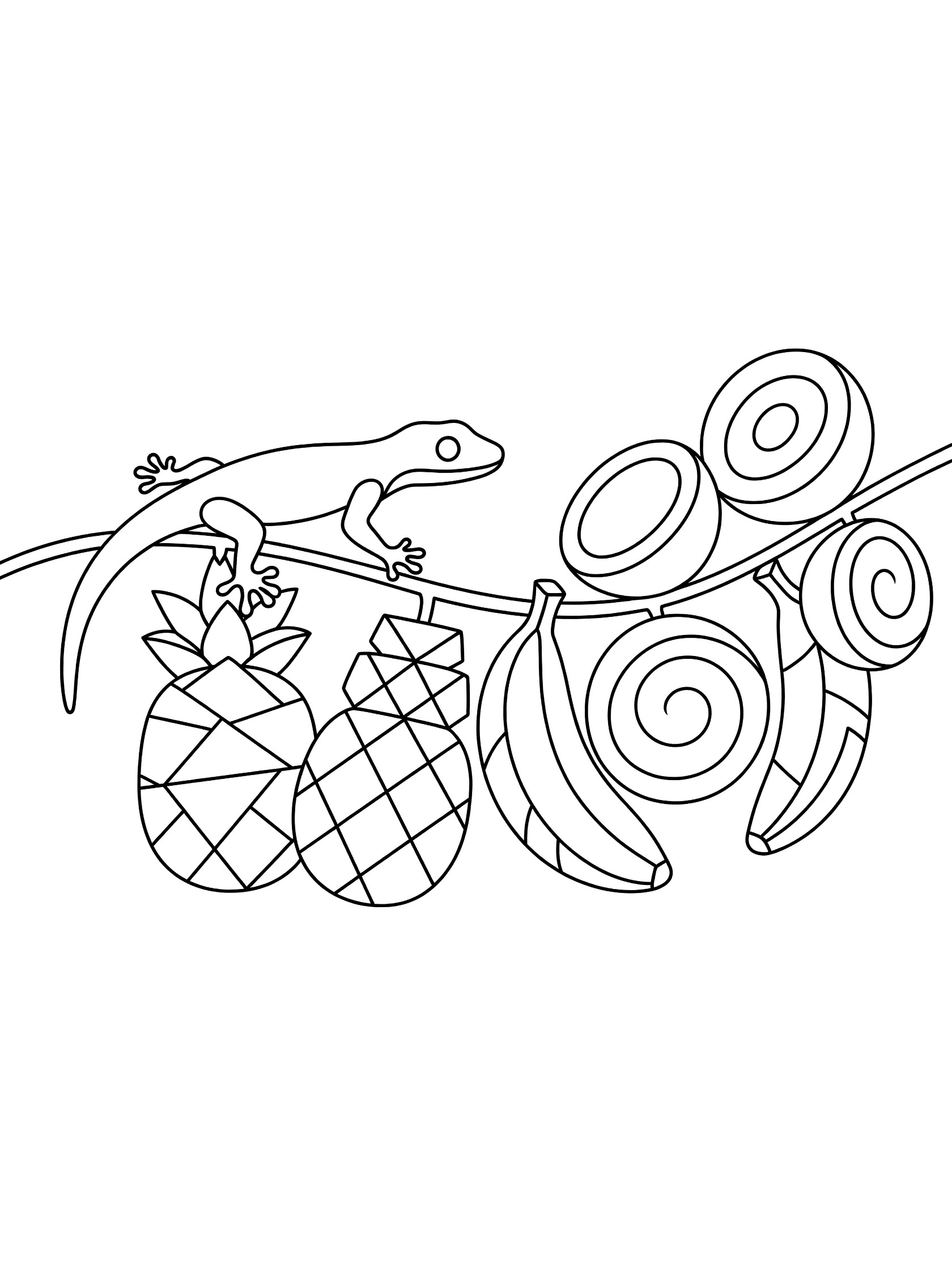 Printable coloring page showing a gecko perched on a vine with geometric pineapples, bananas, and coconuts in clean black line art.