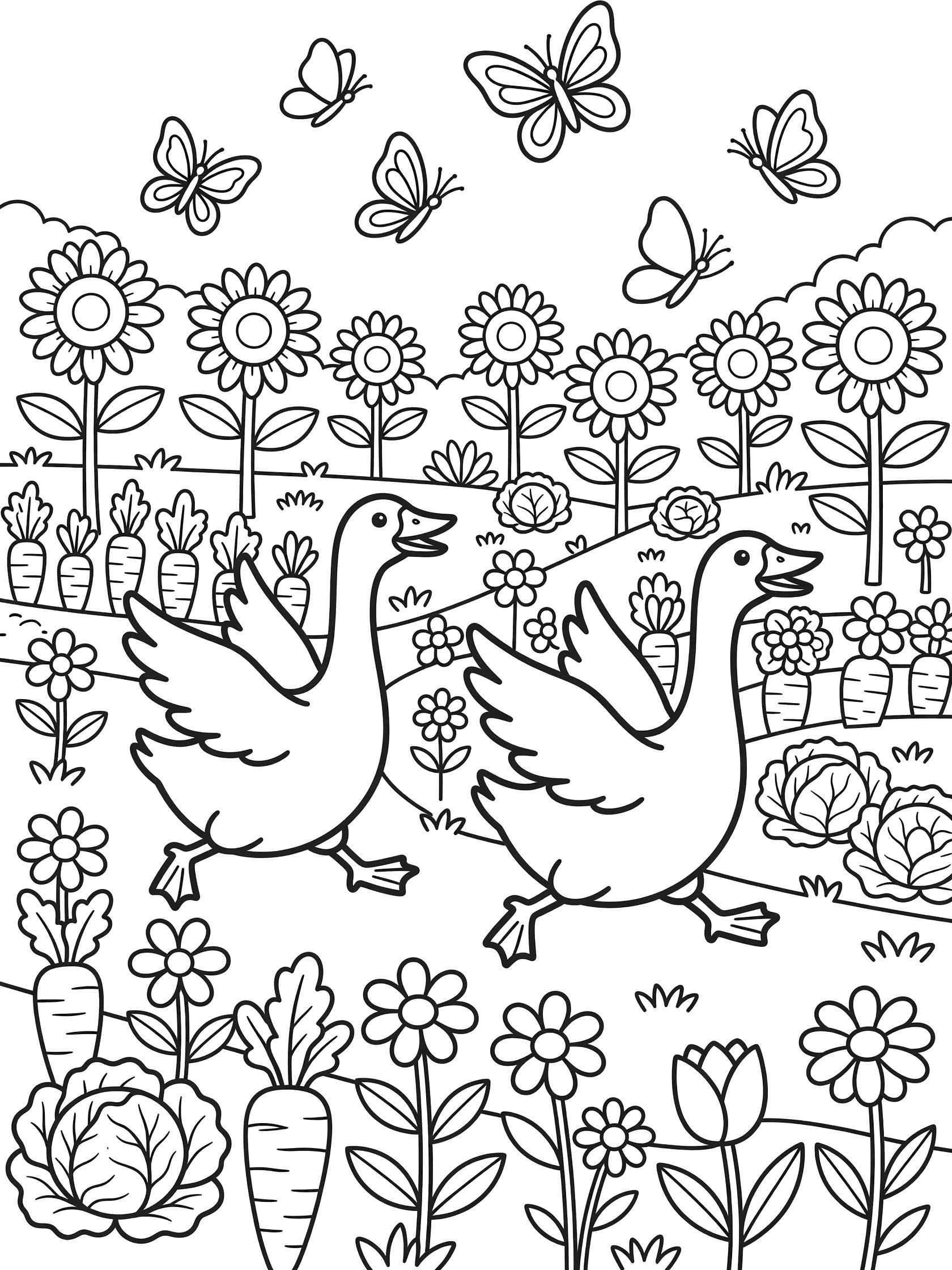 Printable coloring page showing two geese chasing butterflies through a garden with sunflowers, carrots, cabbage plants and assorted flowers, clean line art.