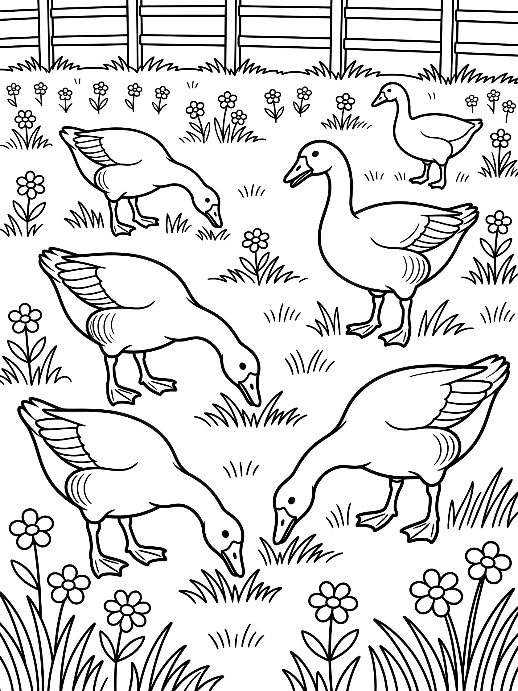 Black and white line art coloring page showing several geese eating grass in a sunny field with wildflowers and wooden fence.