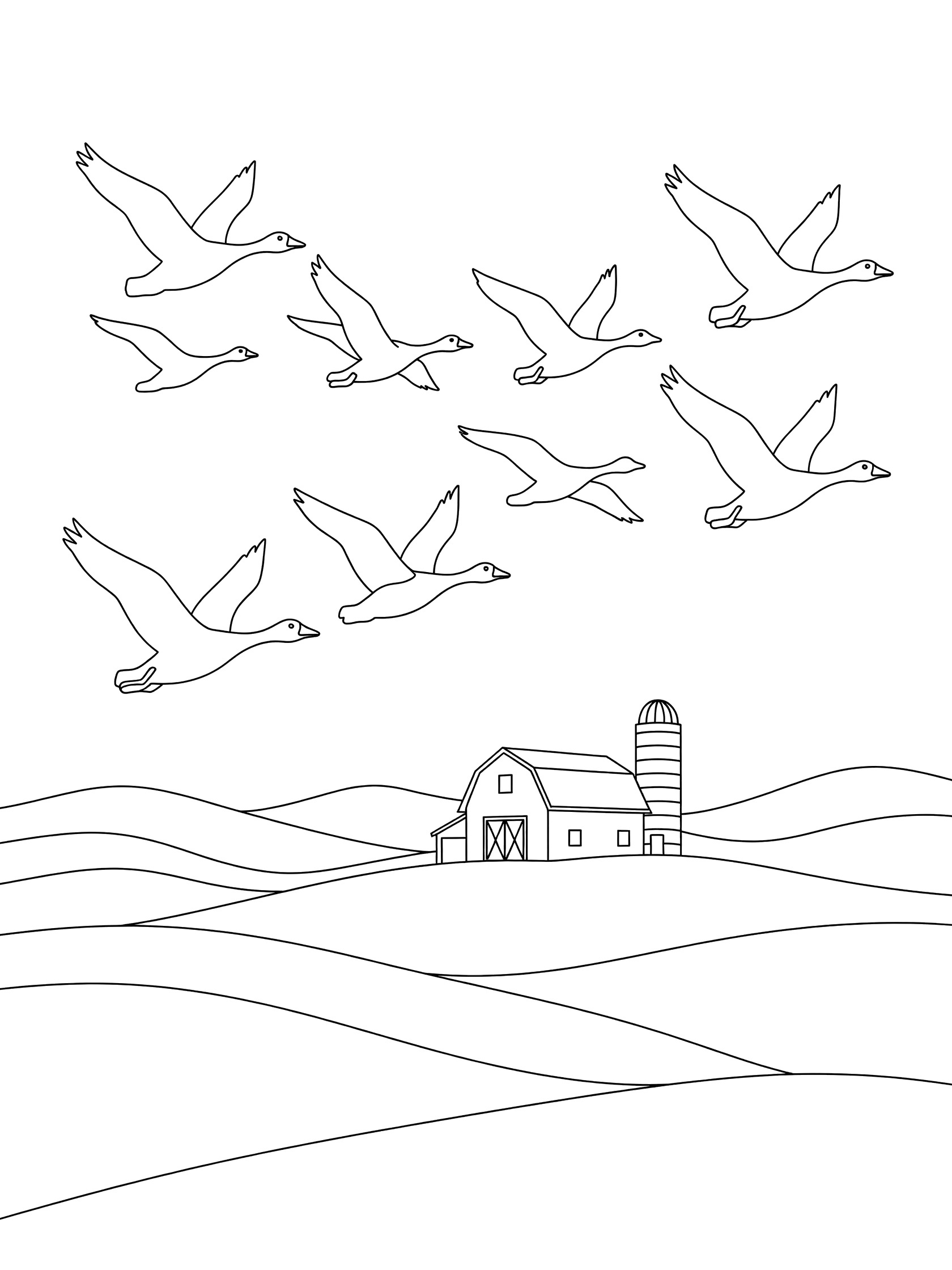 Black and white coloring page of geese flying over a red barn and silo on farm hills