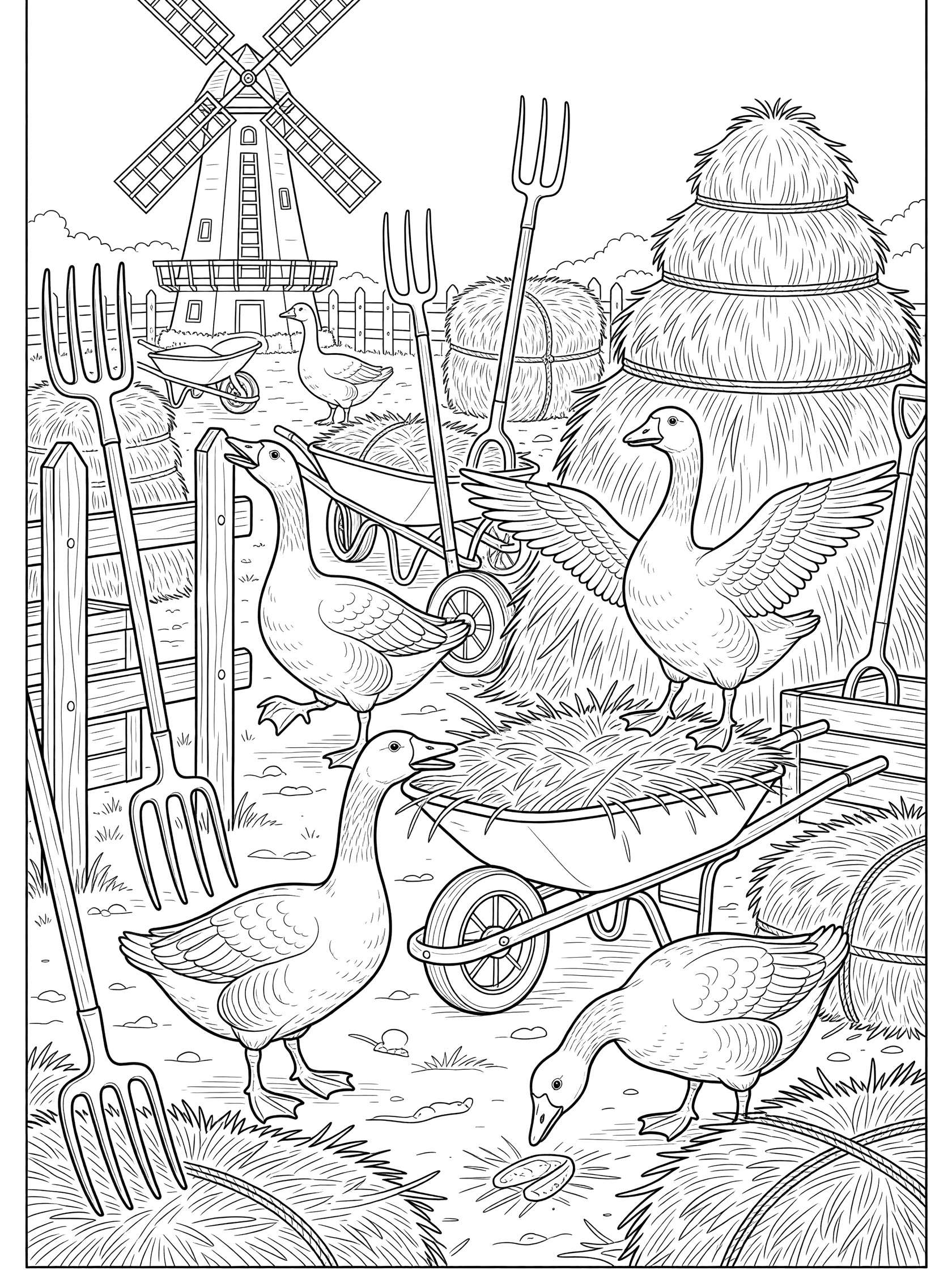 Black and white line art coloring page showing farm geese near wheelbarrow, hay bales, pitchforks, and windmill.