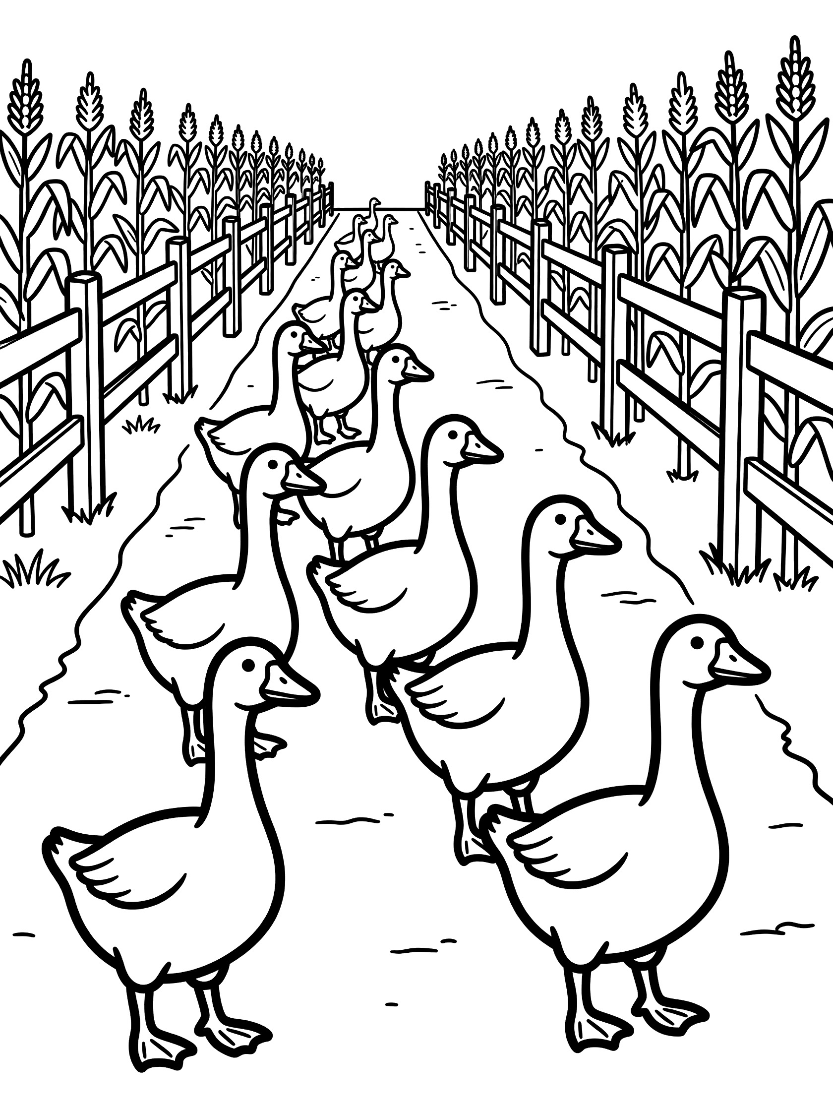 Black and white line drawing of a line of geese waddling down a dirt farm path with tall cornstalks on both sides and a wooden split-rail fence.