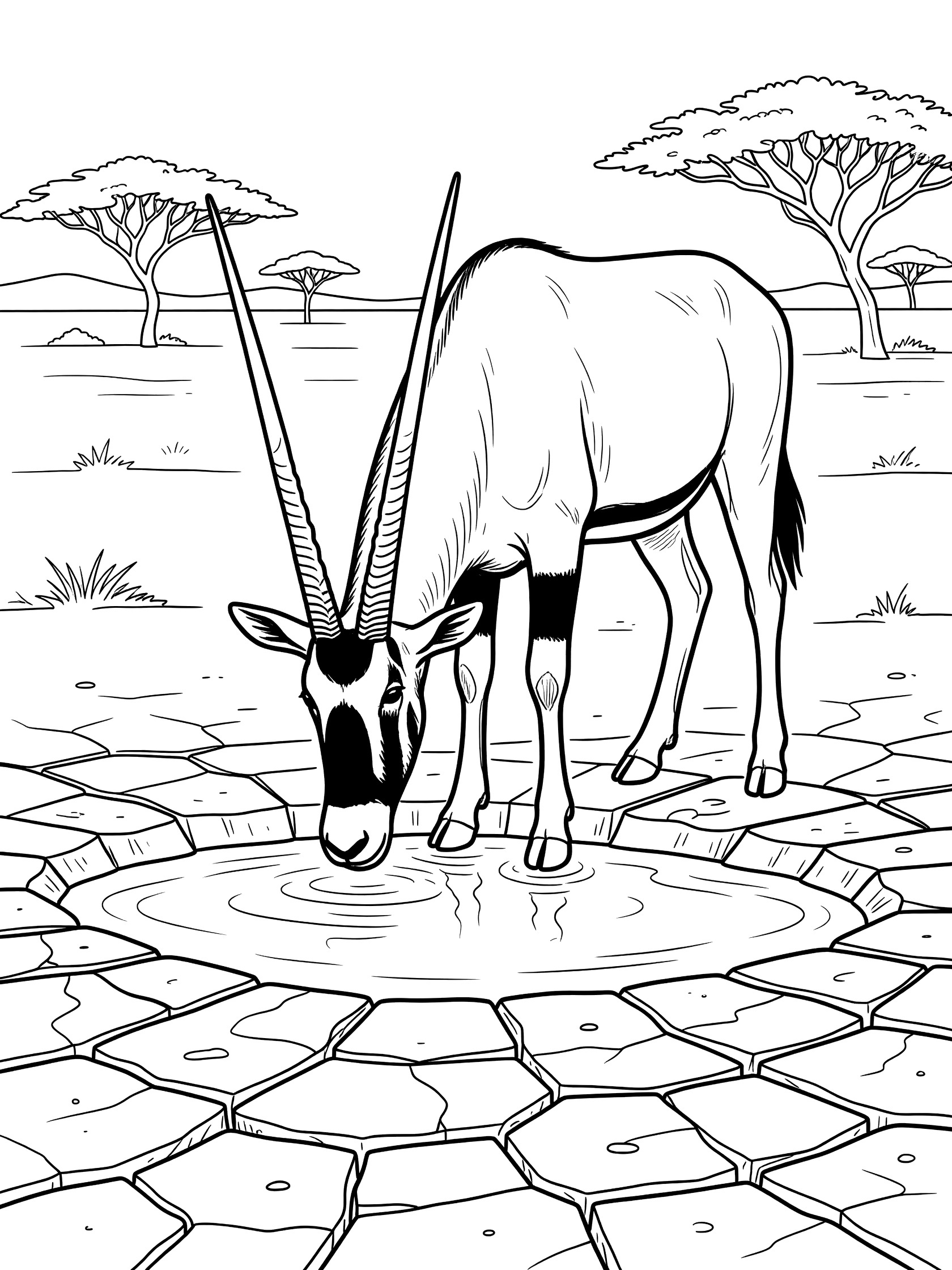Black-and-white coloring page of a gemsbok antelope bending to drink at a Kalahari Desert waterhole surrounded by cracked ground and acacia trees.