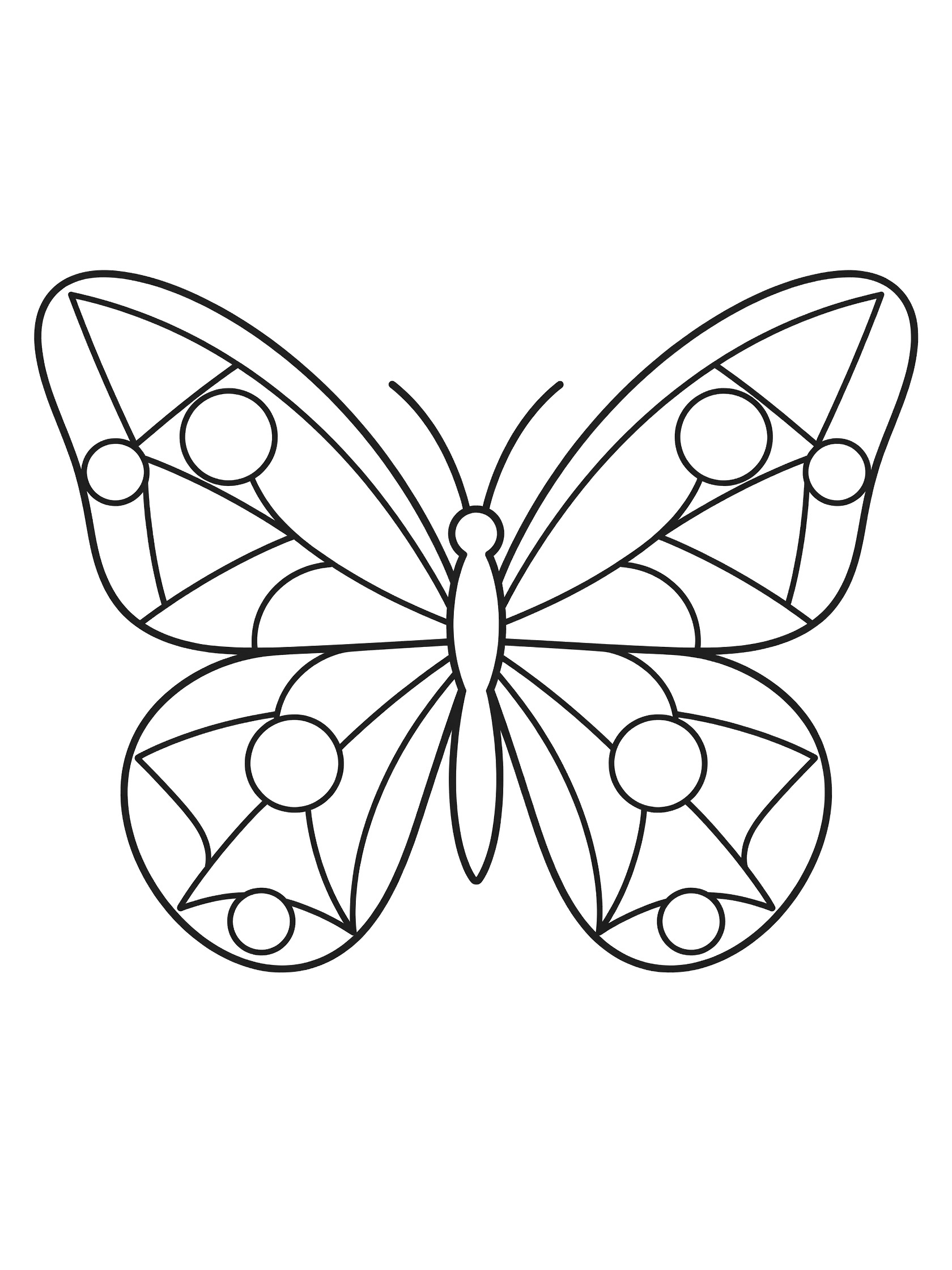 Simple black and white geometric butterfly mandala coloring page with repeating triangle and circle patterns on wings