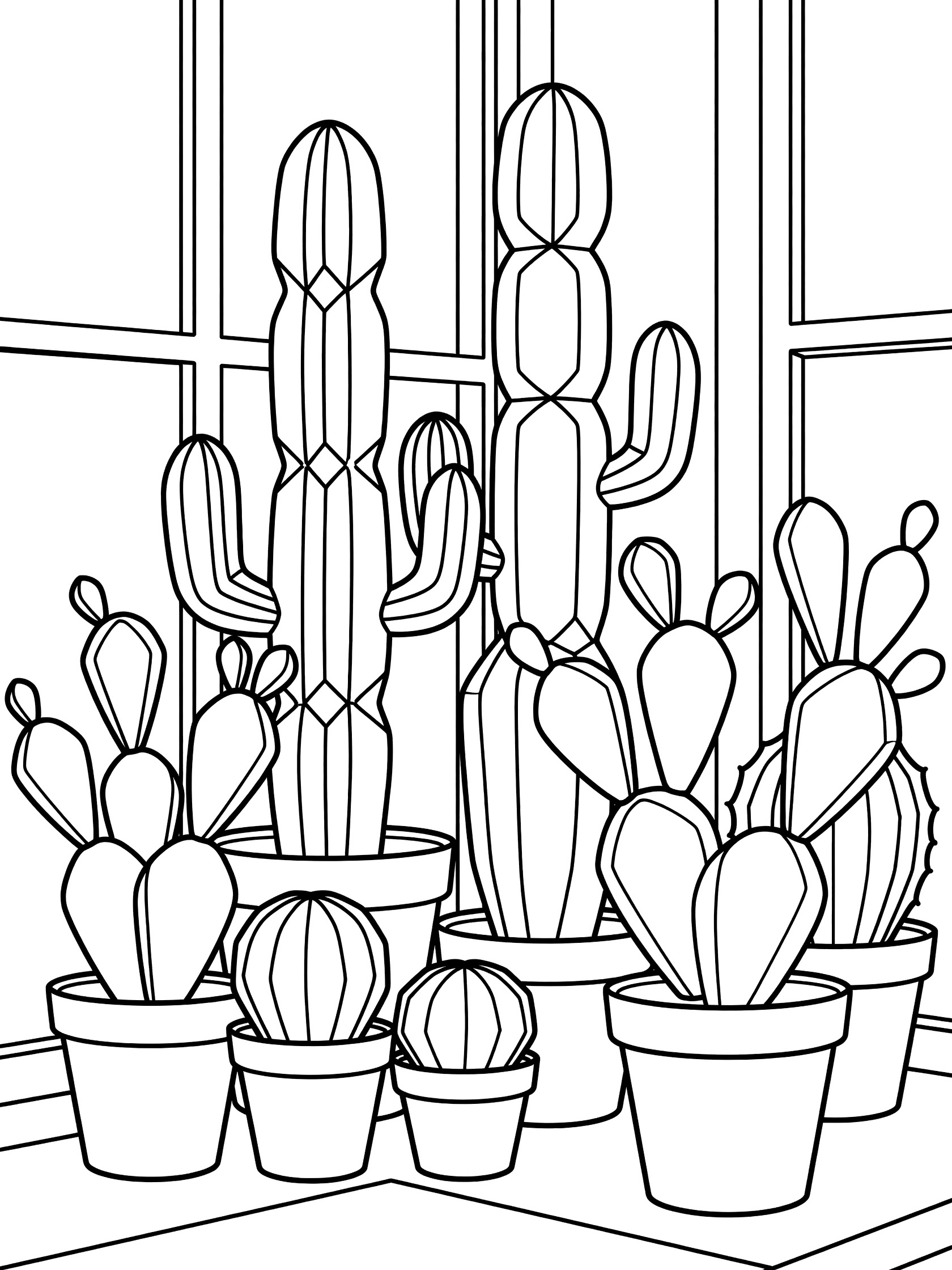 Black and white line art coloring page showing a repeating geometric pattern of cacti house plants including tall hexagons, triangular pads, and faceted barrels in pots on a wide windowsill with window frame.