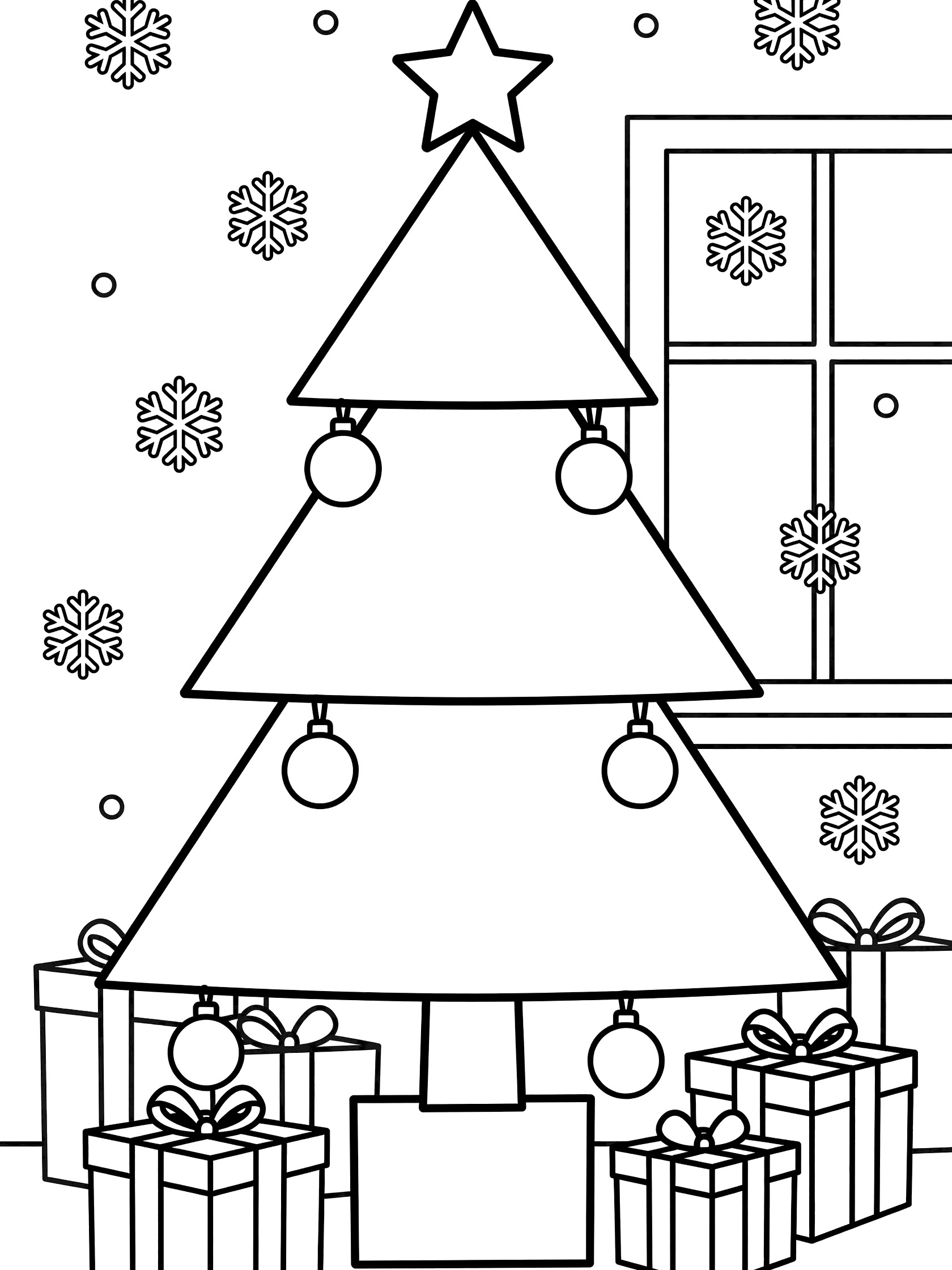 Black and white line art of a geometric Christmas tree with triangle branches, rectangle trunk, star topper, hanging ornaments, stacked gift boxes, falling snowflakes, and window in the background.
