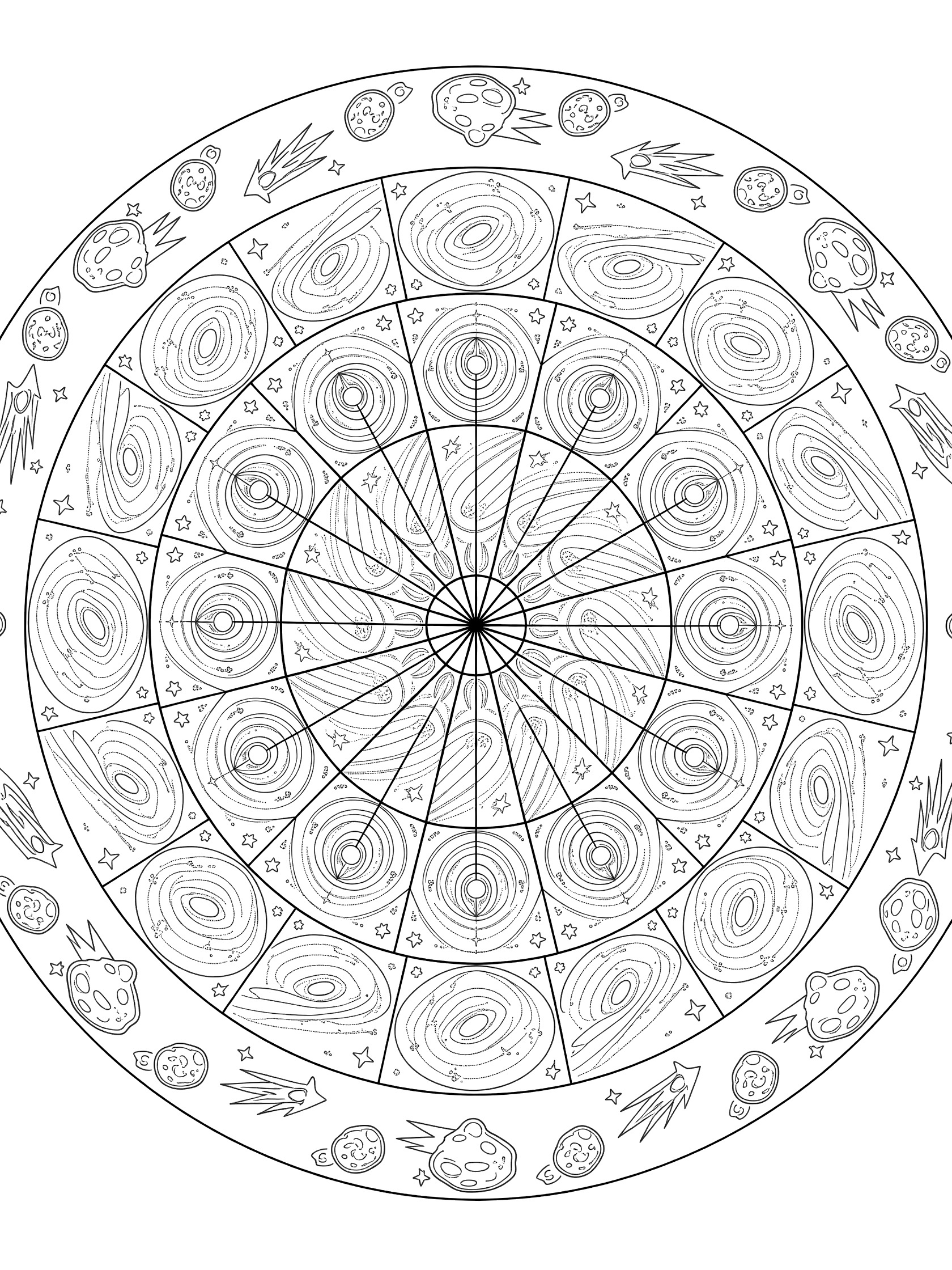 Black and white line art coloring page of a large central circle divided into 24 pie slices with swirling space motifs, surrounded by concentric rings of smaller circles showing orbiting asteroids, comets, and galaxy spirals.