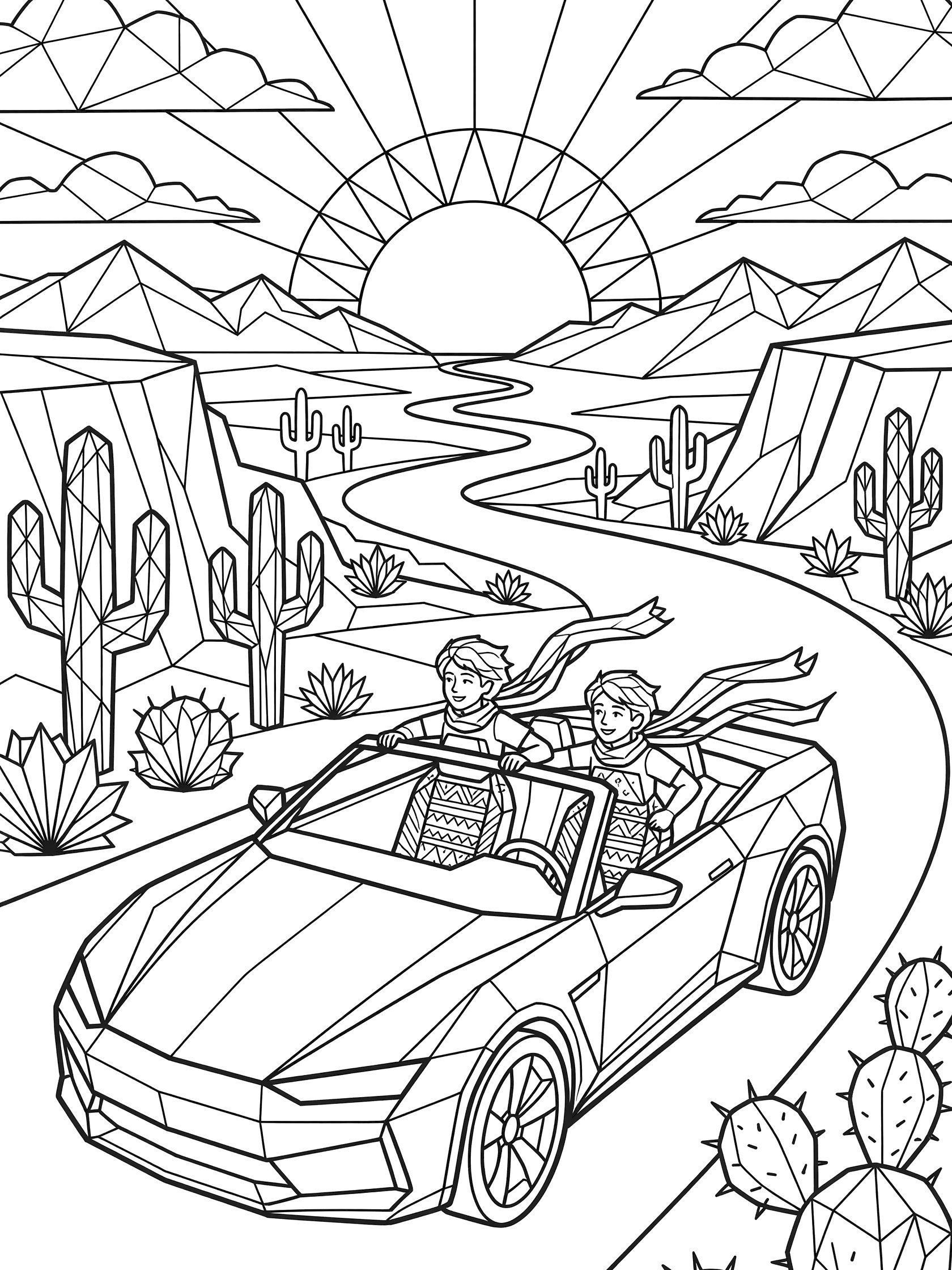 Line art coloring page showing a top-down geometric convertible car with two tween kids wearing scarves, cruising a curvy road past geometric cacti and cliffs to a triangular sunset with mountains.