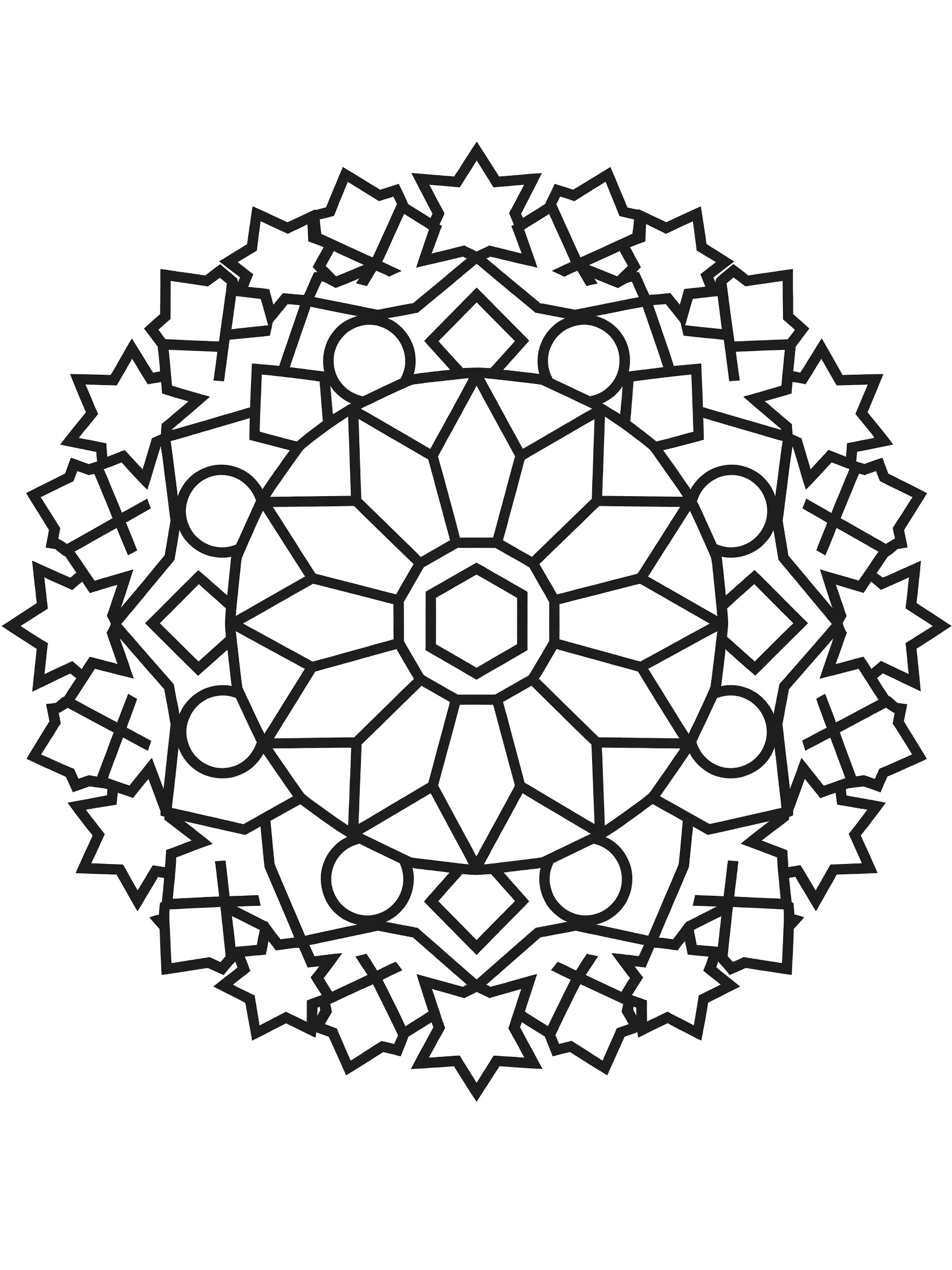 Black and white line art of a Daisy Mandala featuring a hexagonal center, triangular petals, and radiating rings of stars, diamonds, and circles.