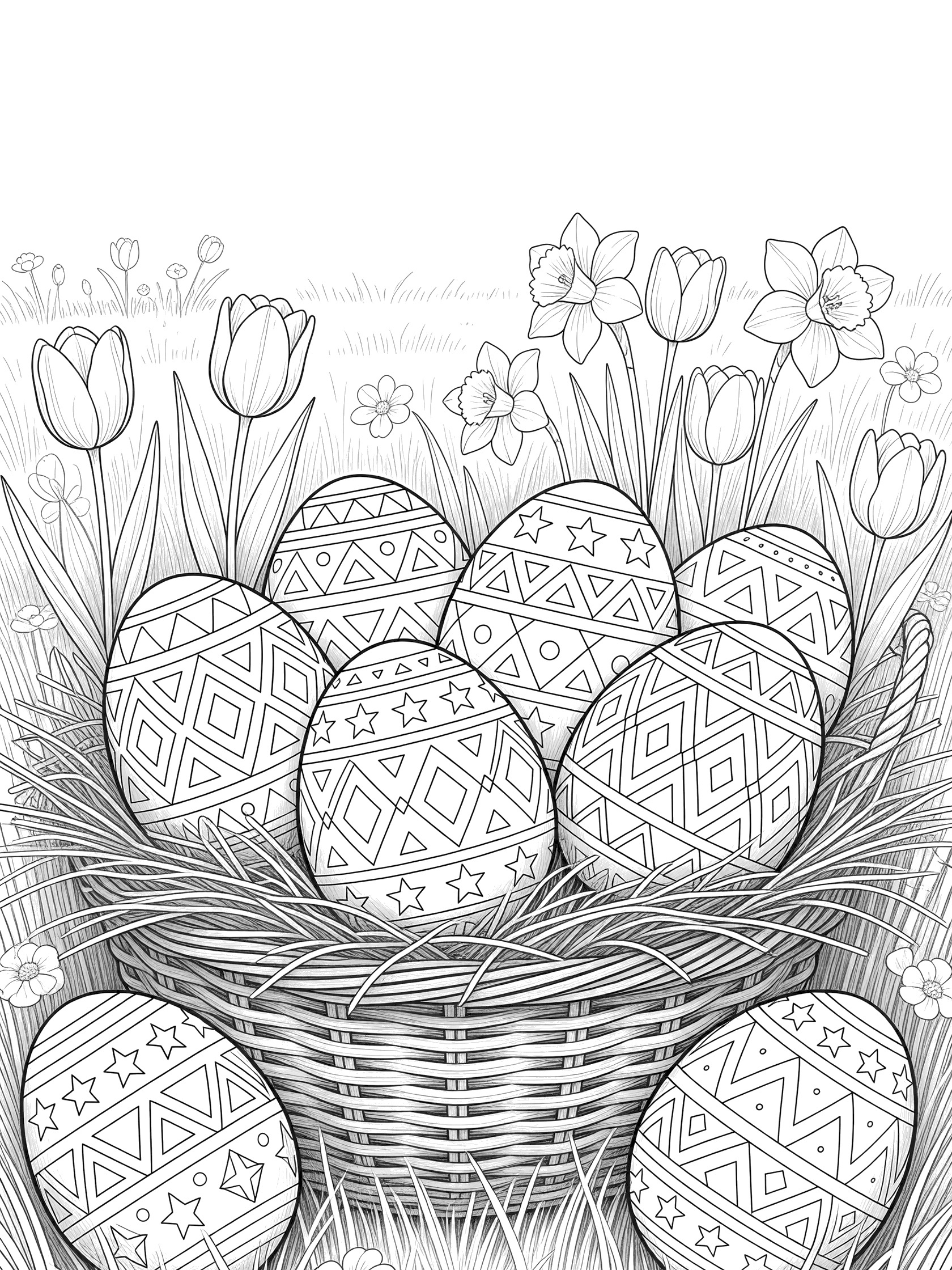 Black and white line art coloring page showing decorative Easter eggs with intricate geometric designs nestled in a straw basket surrounded by tulips, daffodils and grass.