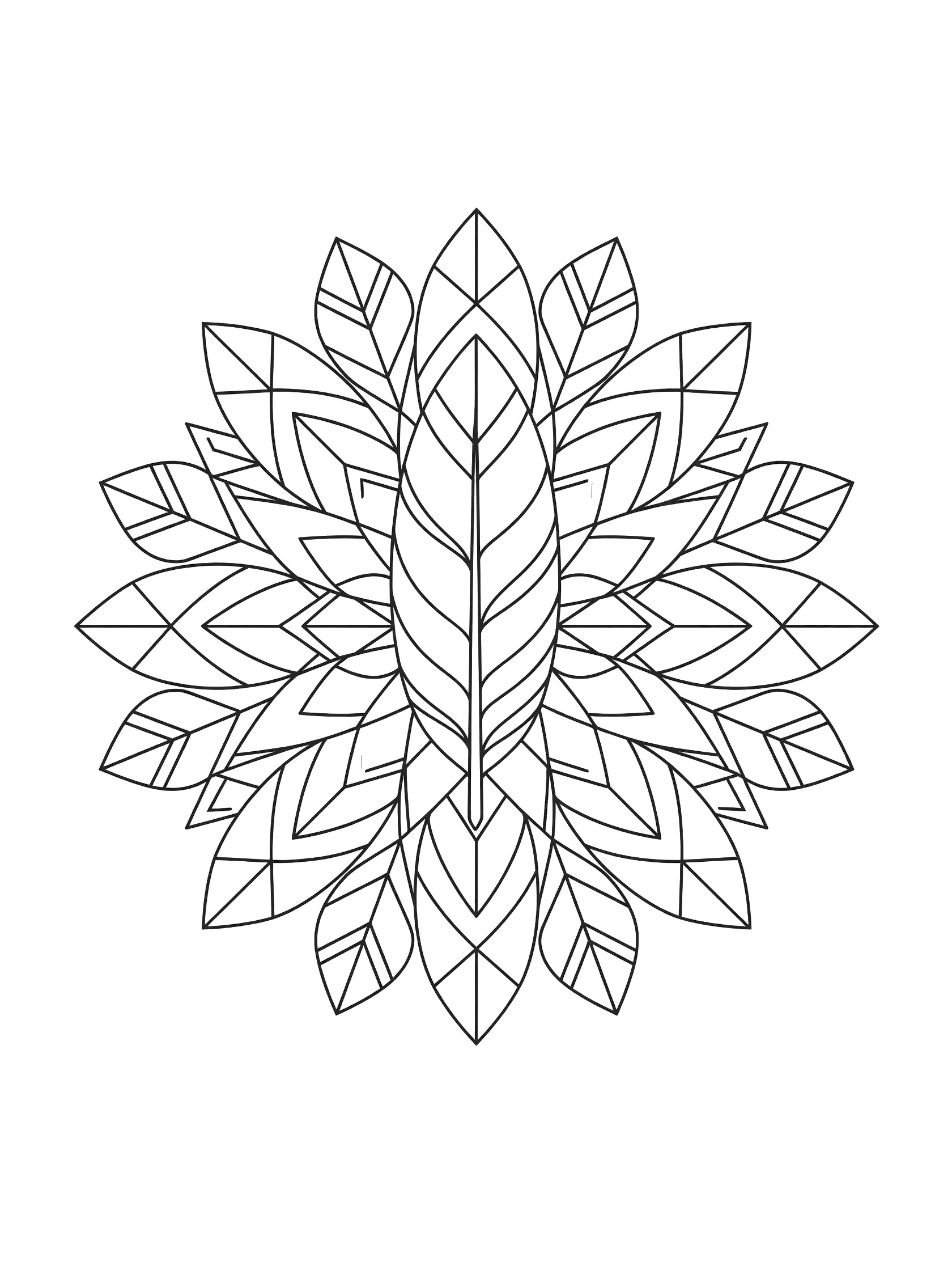 Black and white line art of a geometric feather mandala coloring page with central stylized feather and circular symmetrical patterns.