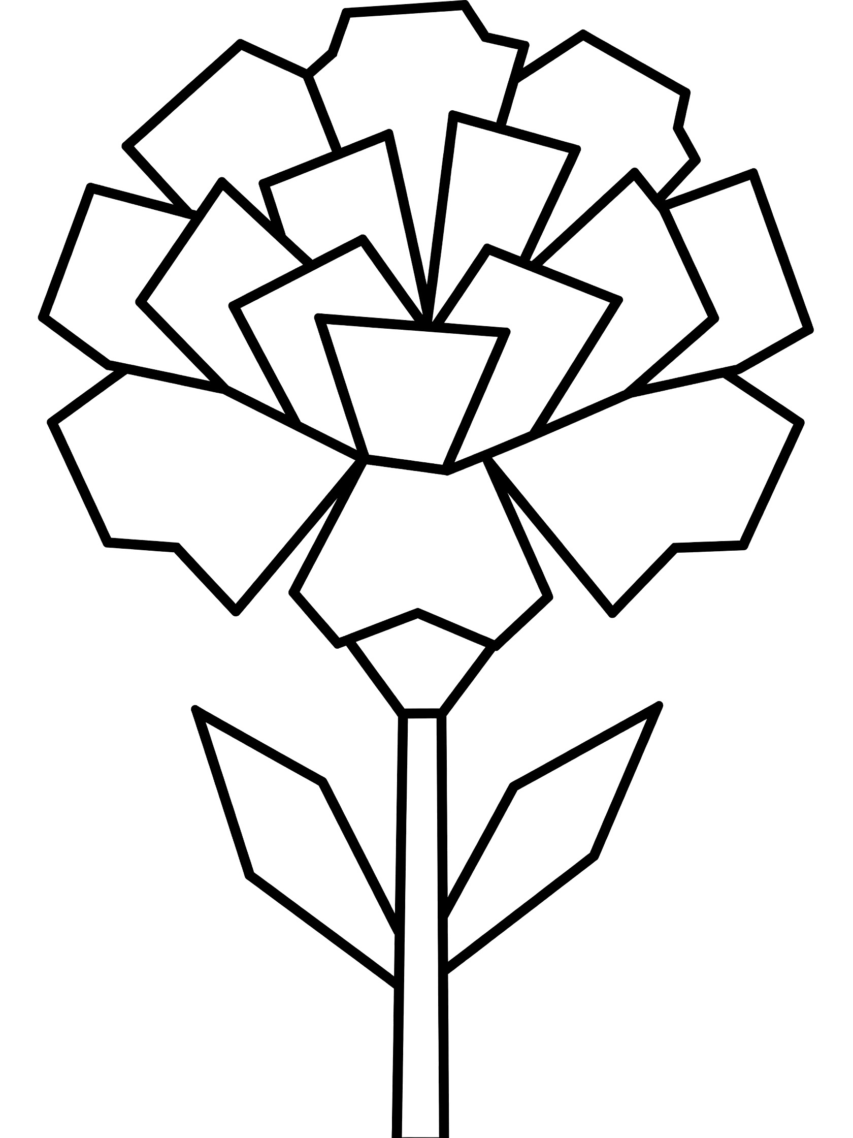 Black and white line drawing of a symmetrical flower made of geometric petal shapes, straight stem, and angular leaves, coloring book style. Carnation themed black and white printable line art