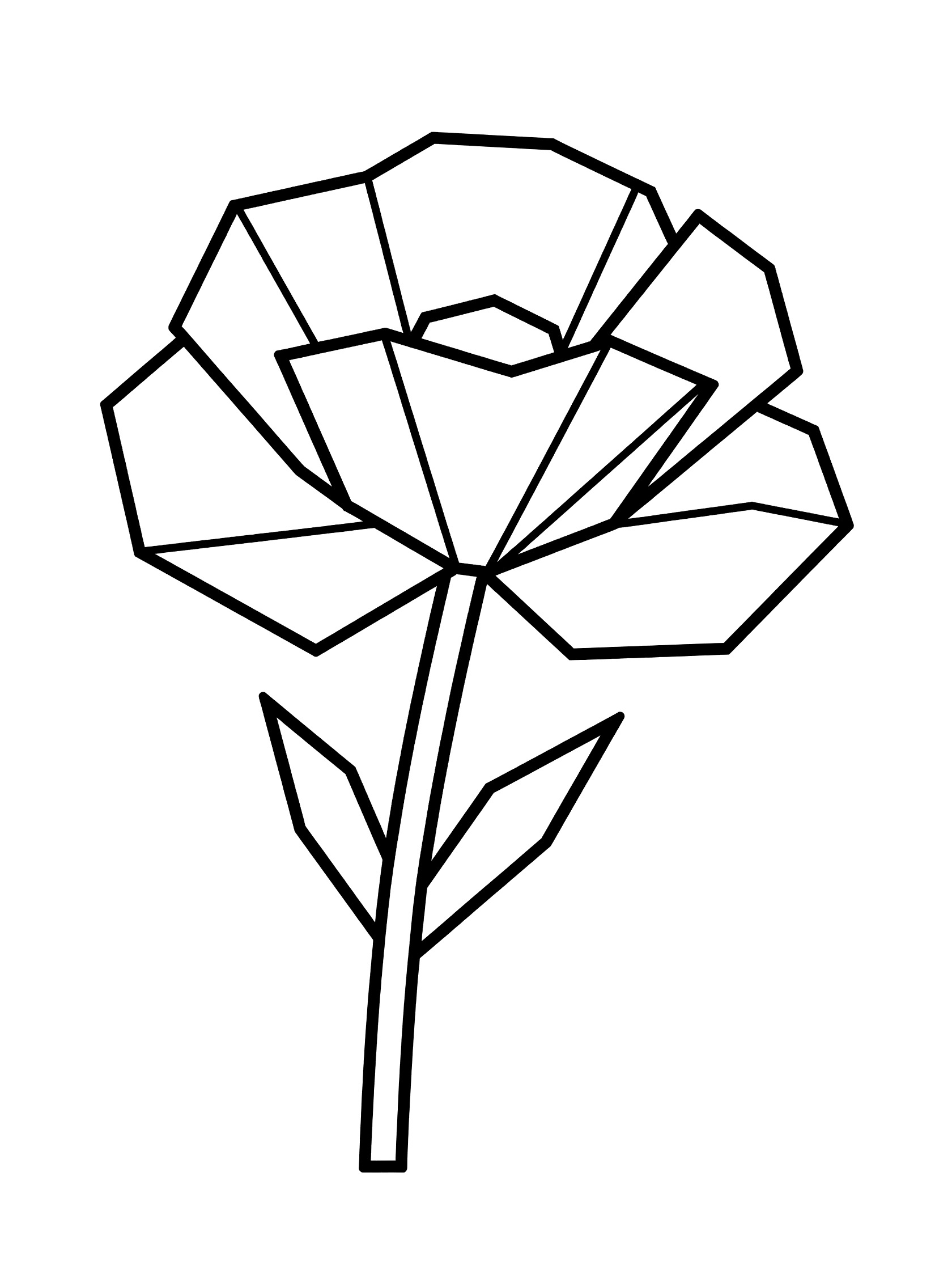 Black and white line art of a geometric flower with faceted petals on a straight stem and simple leaves, printable coloring page. Poppy themed black and white printable line art
