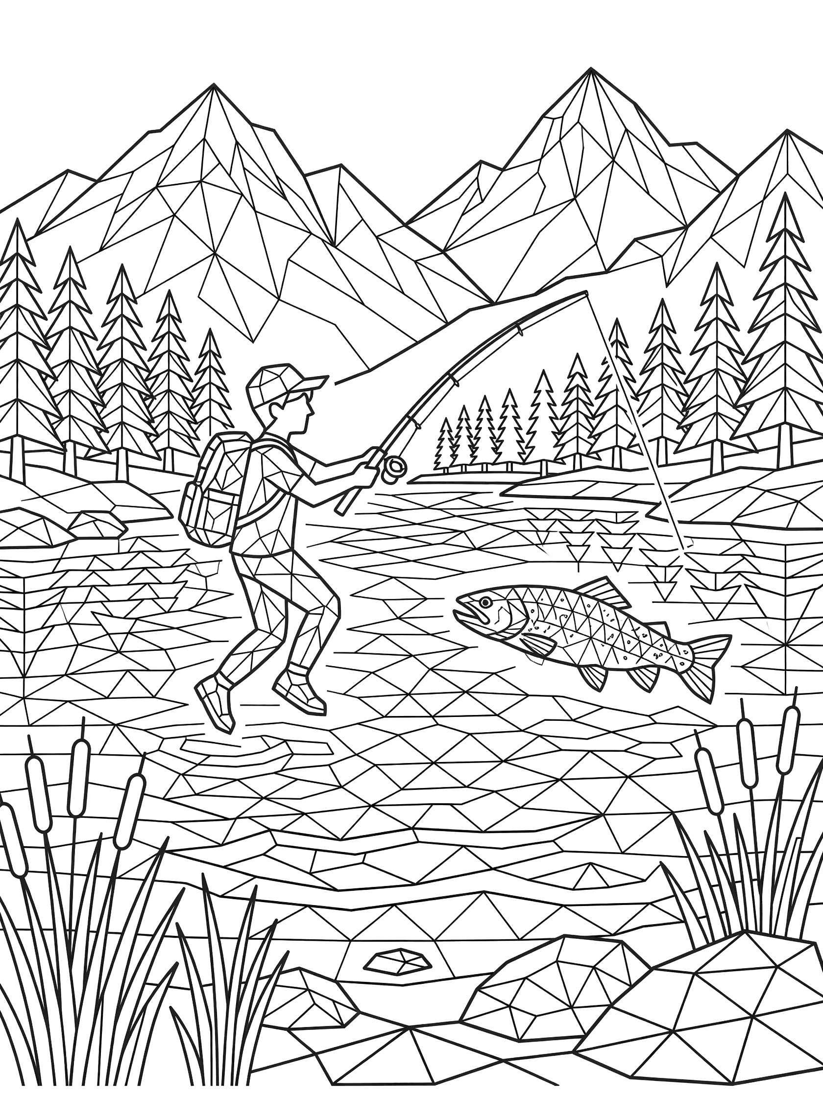 Line art coloring page showing a young angler casting fly rod over rippling lake water with leaping trout, framed by reeds, rocks, pine trees, and mountains in geometric style.