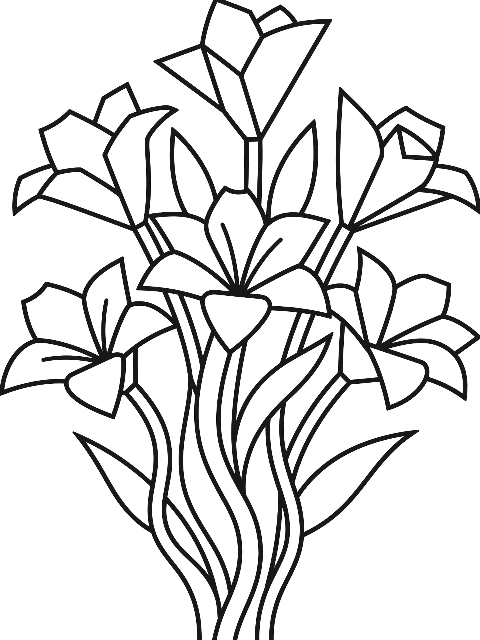 Printable coloring page showing a bouquet of geometric lilies with flowing wave-like stems, clean black outlines on white background