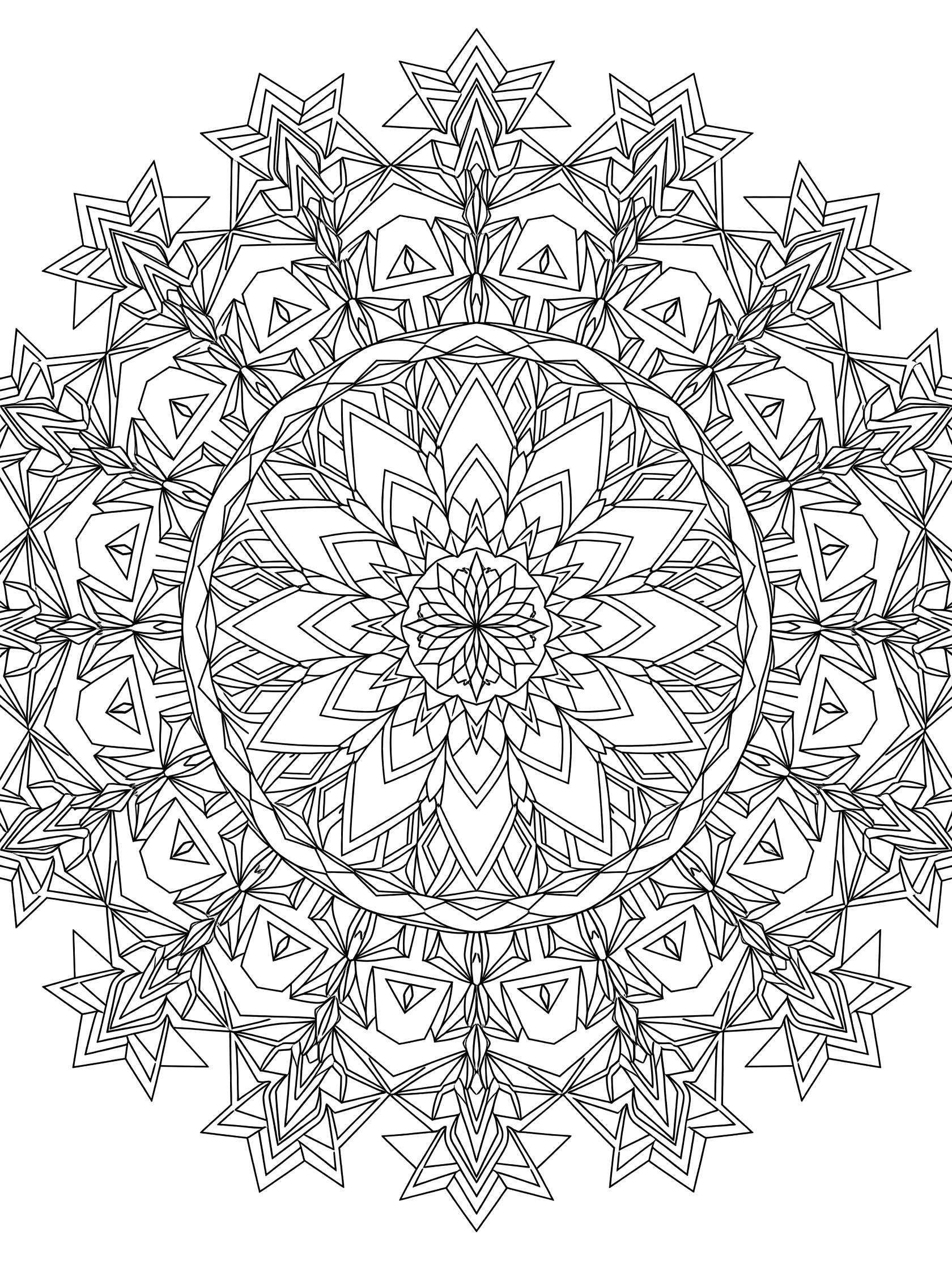 Black and white line art of a symmetrical geometric Lily Mandala with central bloom made of triangles, hexagons, and circles, surrounded by stylized leaves and vines.