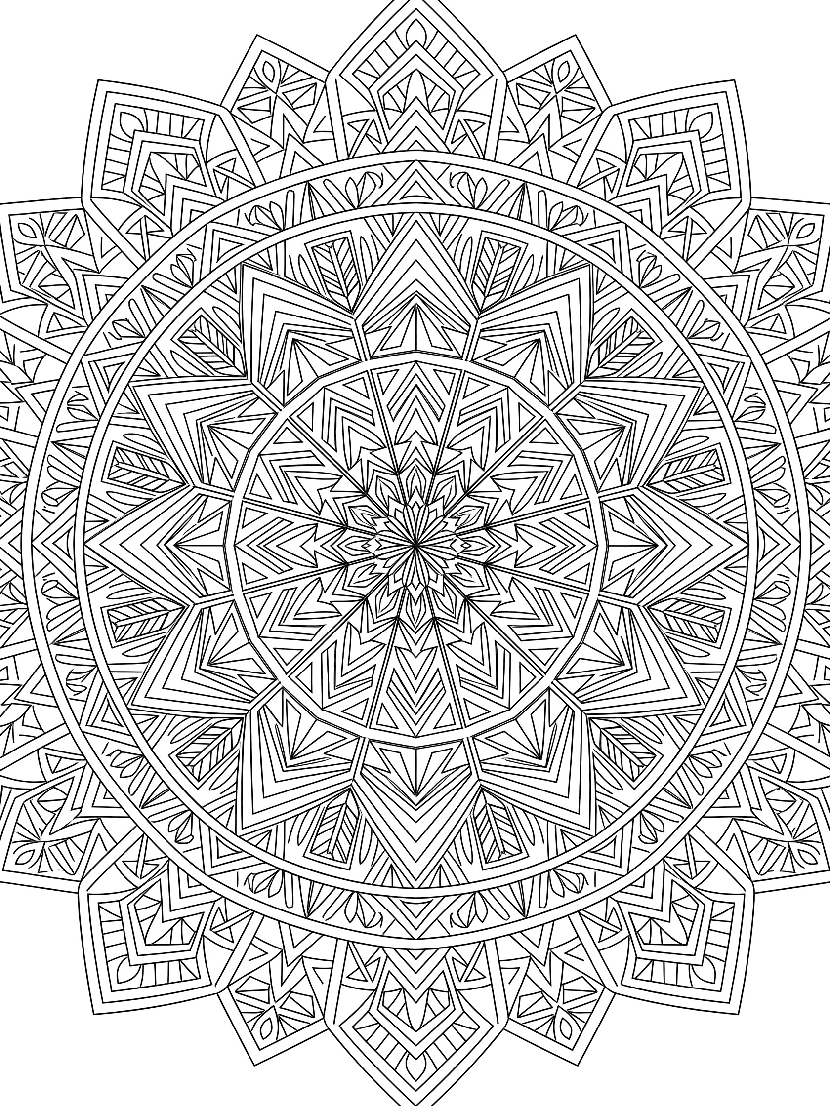 Intricate geometric lotus mandala coloring page featuring symmetrical layers of triangular petals and tessellated shapes radiating from the center.