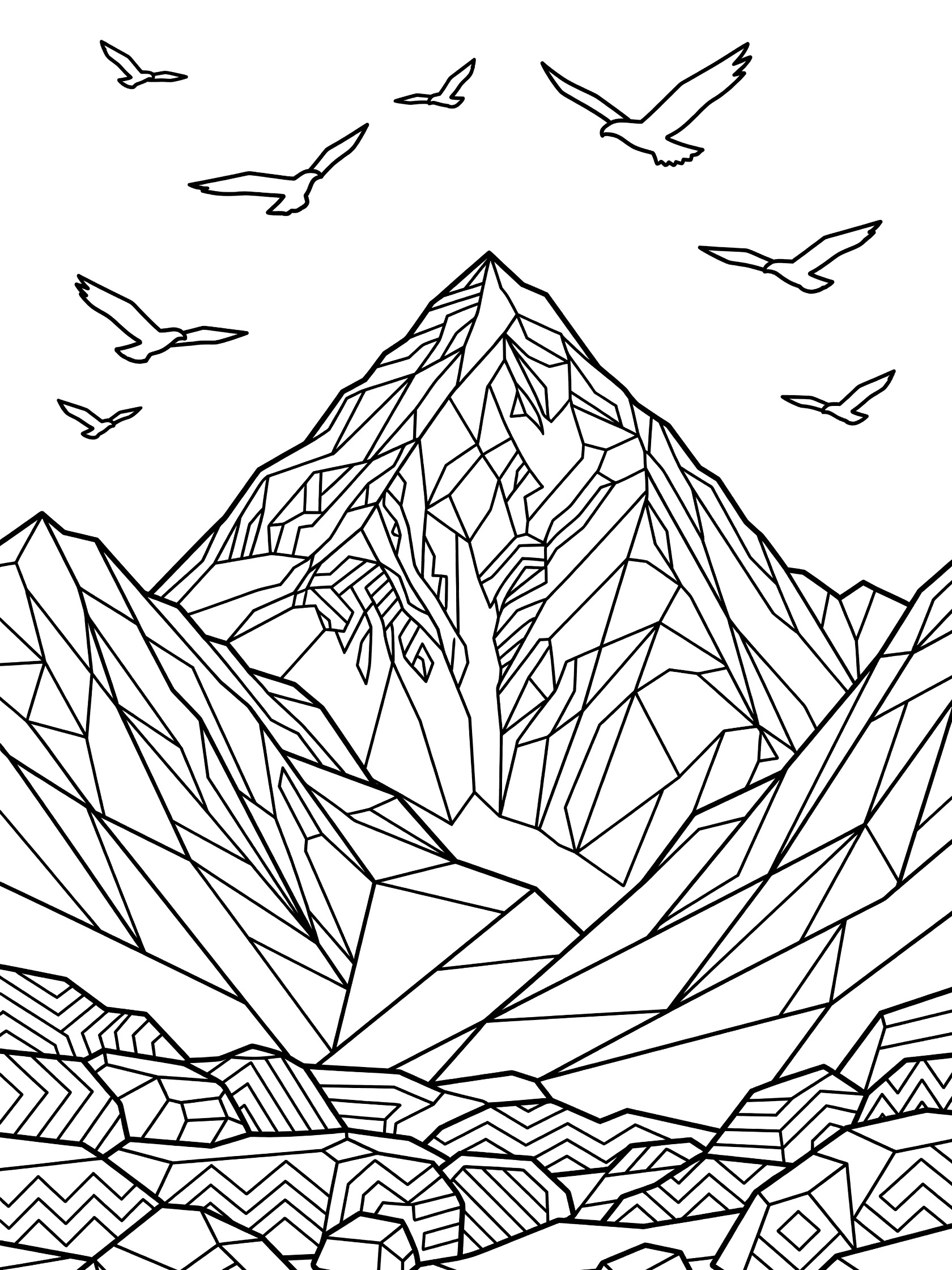 Black and white line art coloring page showing a tall geometric mountain made of triangles and polygons, with birds circling above and patterned rocks at the base. K2 themed black and white printable line art