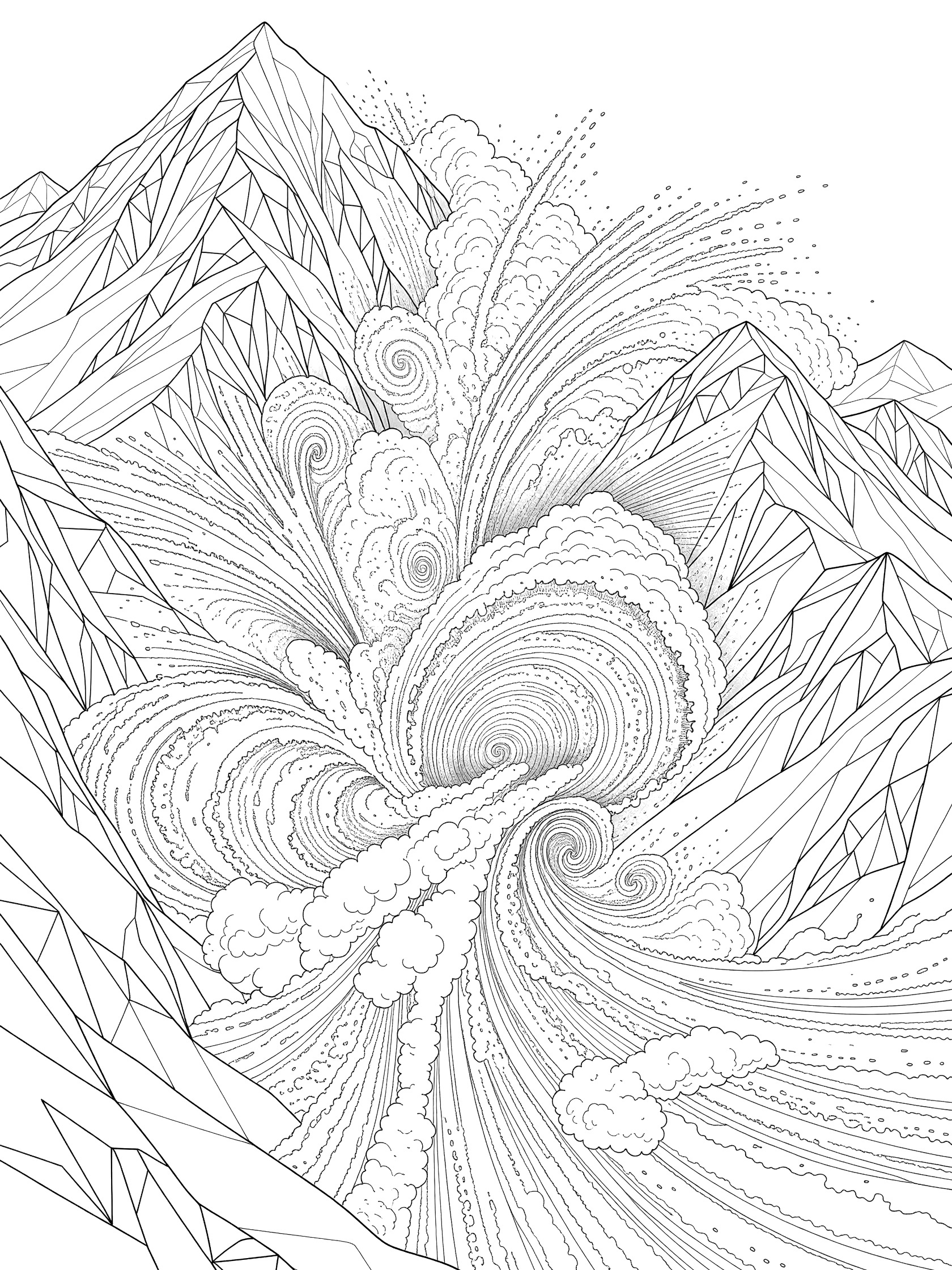 Black and white line art coloring page of angular geometric mountains with dynamic swirling snow patterns from an avalanche, clean outlines on white background.