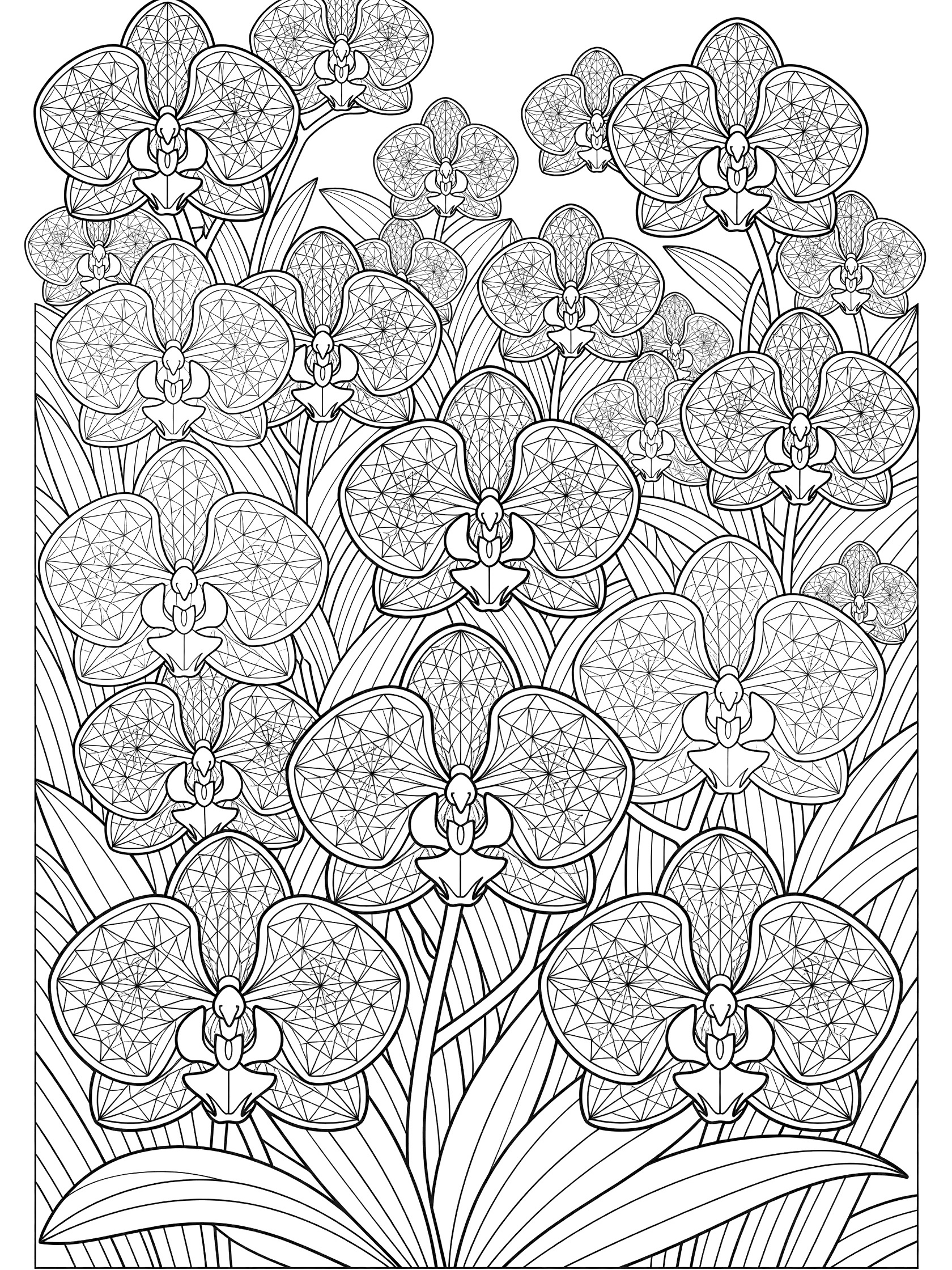 Black and white coloring page of a geometric orchid pattern with detailed outlines of blooming orchids in repeating triangles, hexagons and circles.