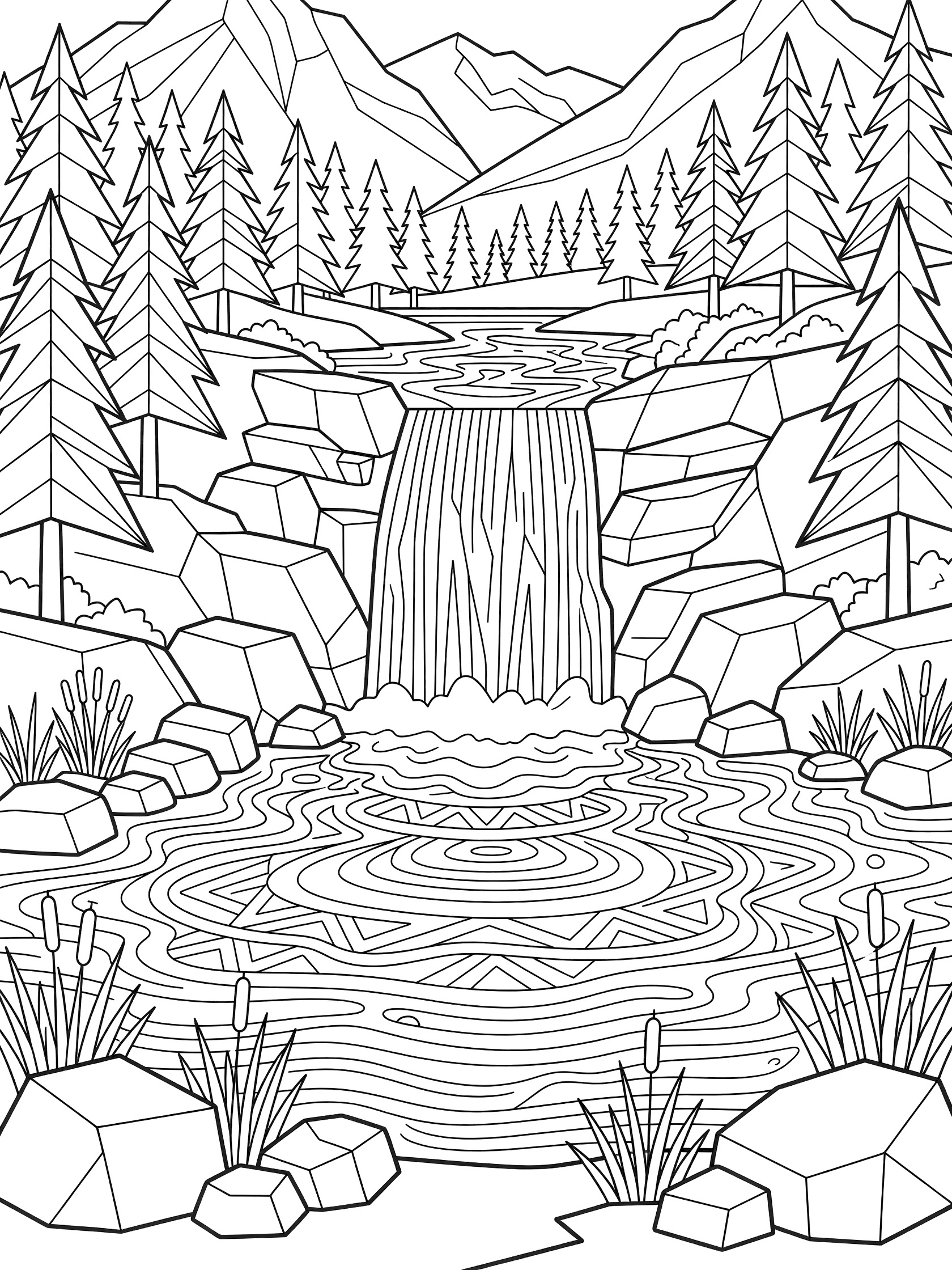 Line art coloring page of scenic lakes featuring a multi-tiered geometric waterfall flowing into a wavy lake with ripple patterns, surrounded by cubic boulders, triangular reeds, faceted pine trees, and jagged mountains.