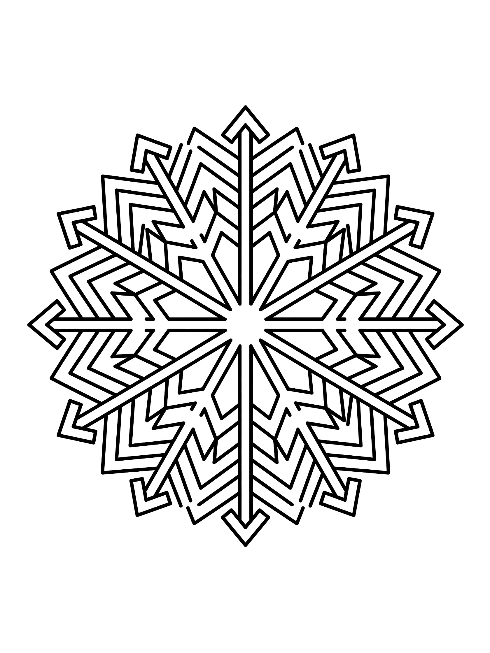 Simple geometric snowflake mandala coloring page with clean black outlines on white background, featuring radiating arms and intricate symmetrical motifs.