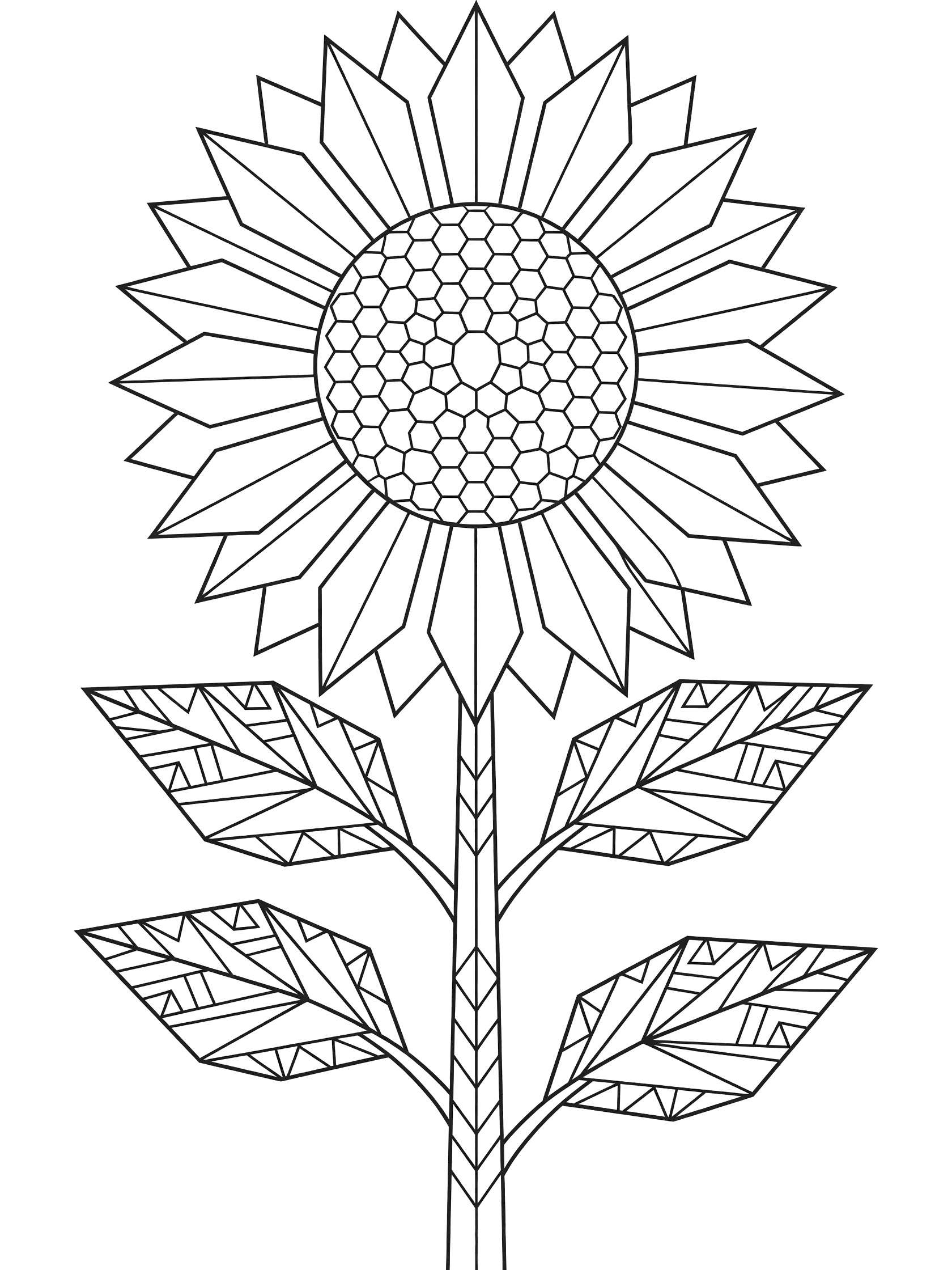 Black and white line art of a sunflower made from geometric shapes, featuring pointed triangular petals around a round center filled with hexagons, angular leaves on a straight stem, clean outlines on white background.