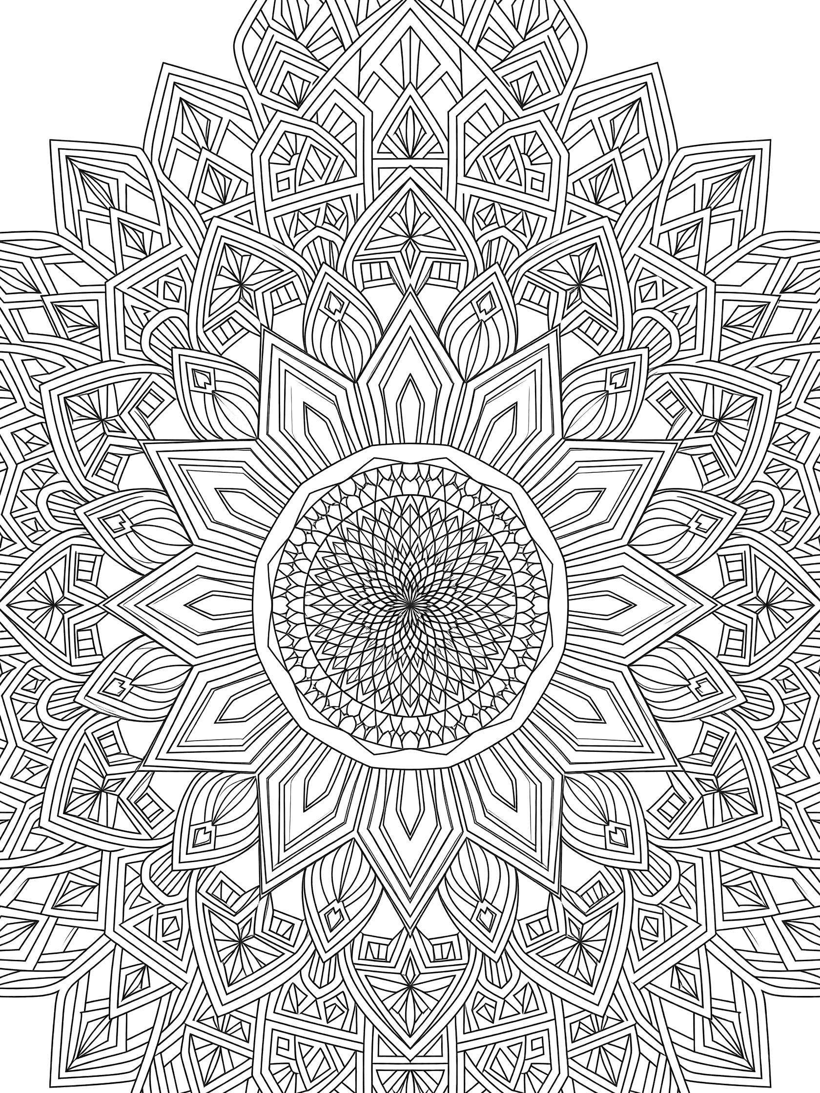 Intricate geometric Sunflower Mandala line art coloring page with sharp petals, seed disc, and repeating patterns on white background