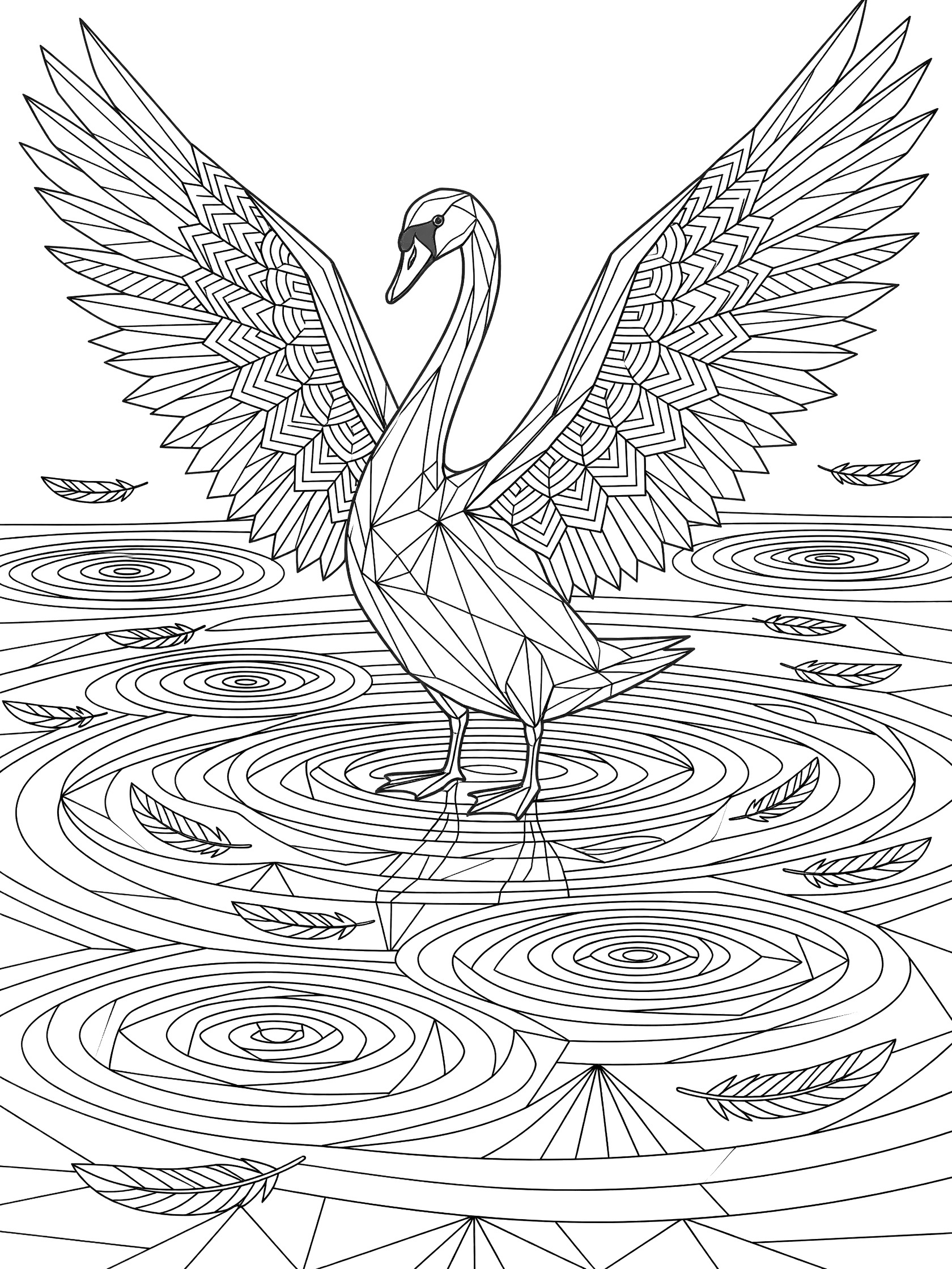 Black and white printable coloring page of a geometric swan standing tall with fully spread wings amid abstract water ripples and floating feathers.