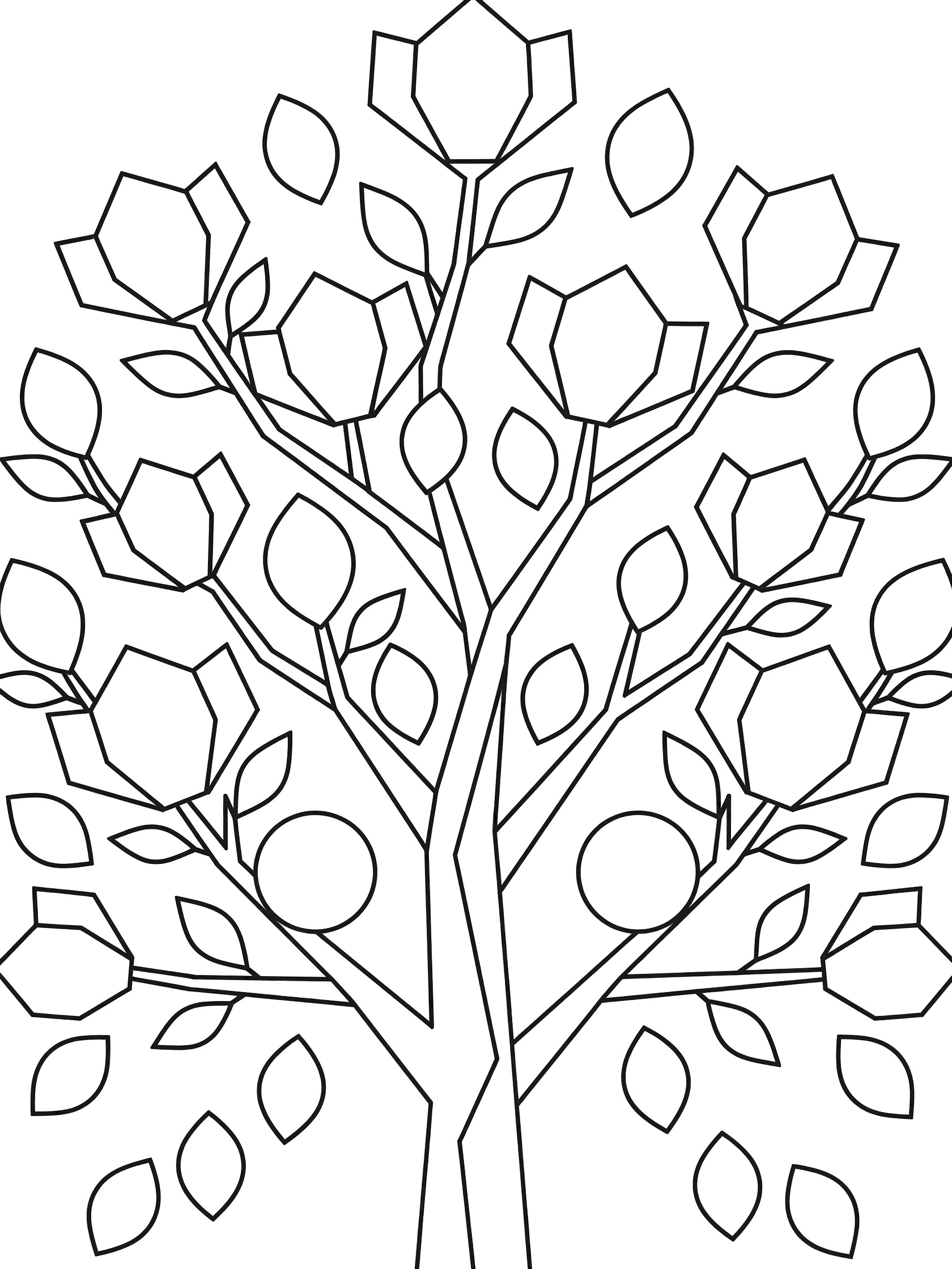 Black and white line art of a symmetrical geometric tree with angular trunk, geometric flower and leaf shapes, and falling petal outlines. Magnolia Tree themed black and white printable line art