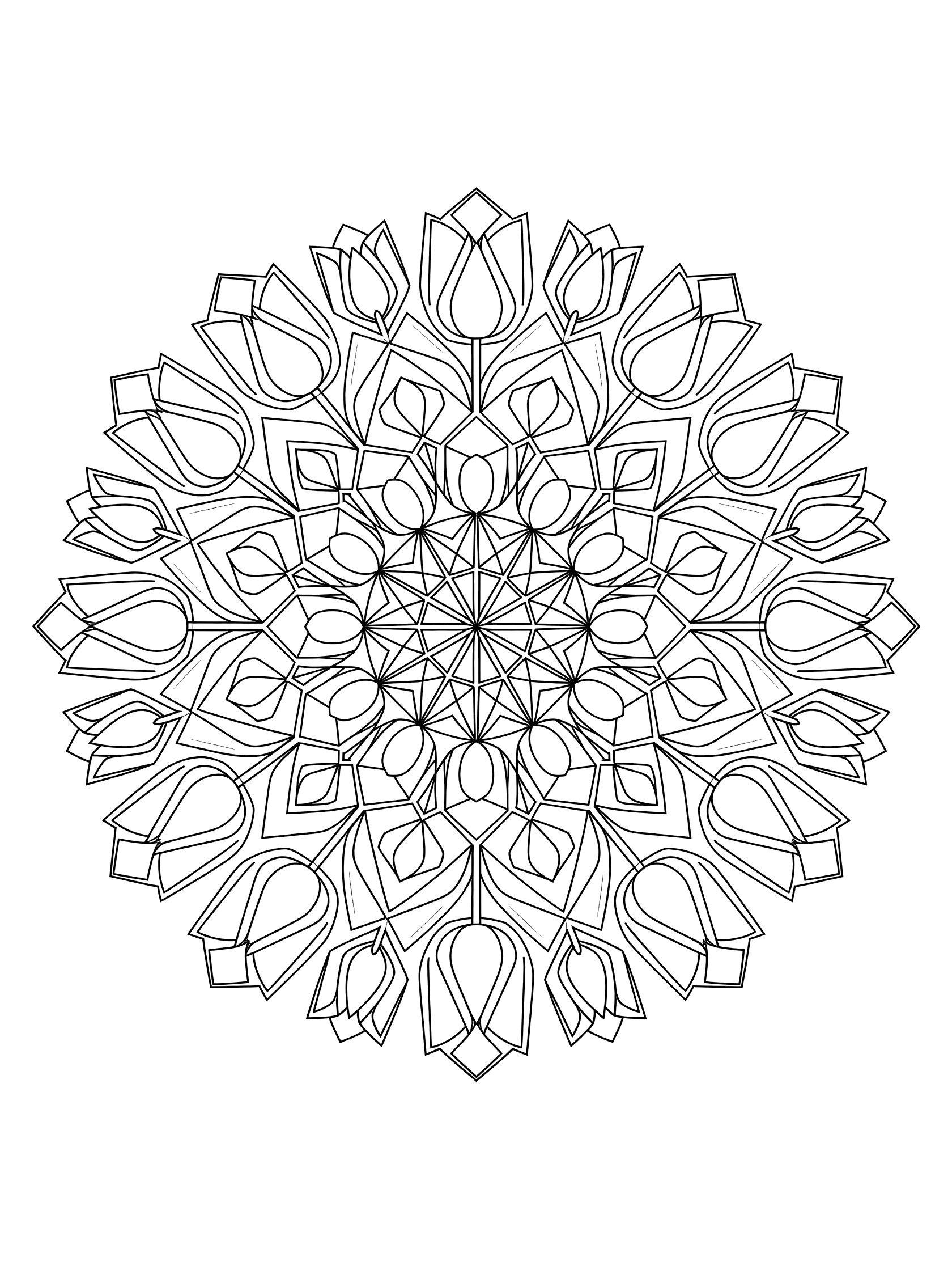 Intricate line art coloring page of a Tulip Mandala with geometric tulip blooms, stems, and leaves on white background