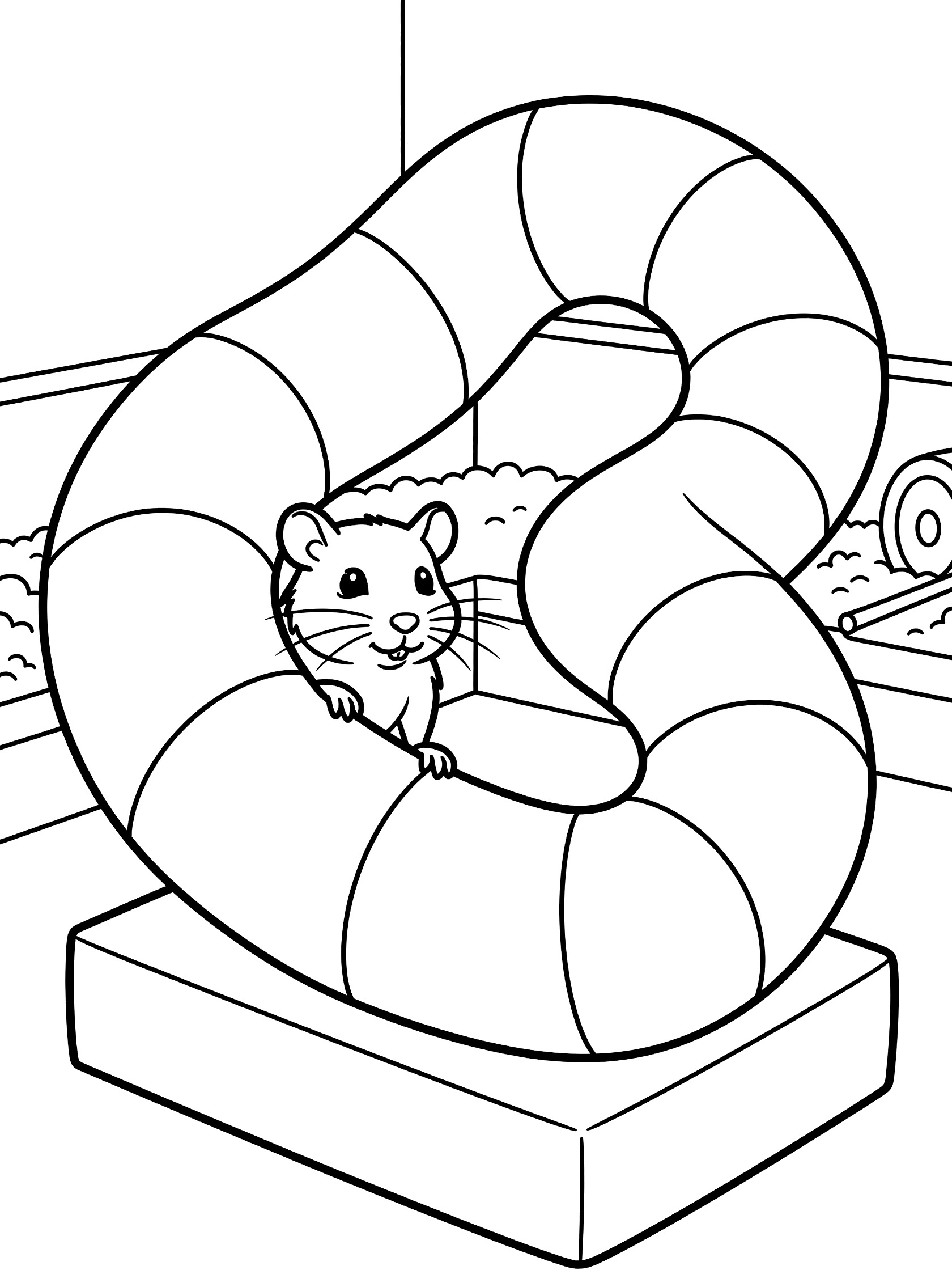 Printable coloring page showing a gerbil halfway through a curving tube tunnel, wide eyes peeking out, simple line art on white background