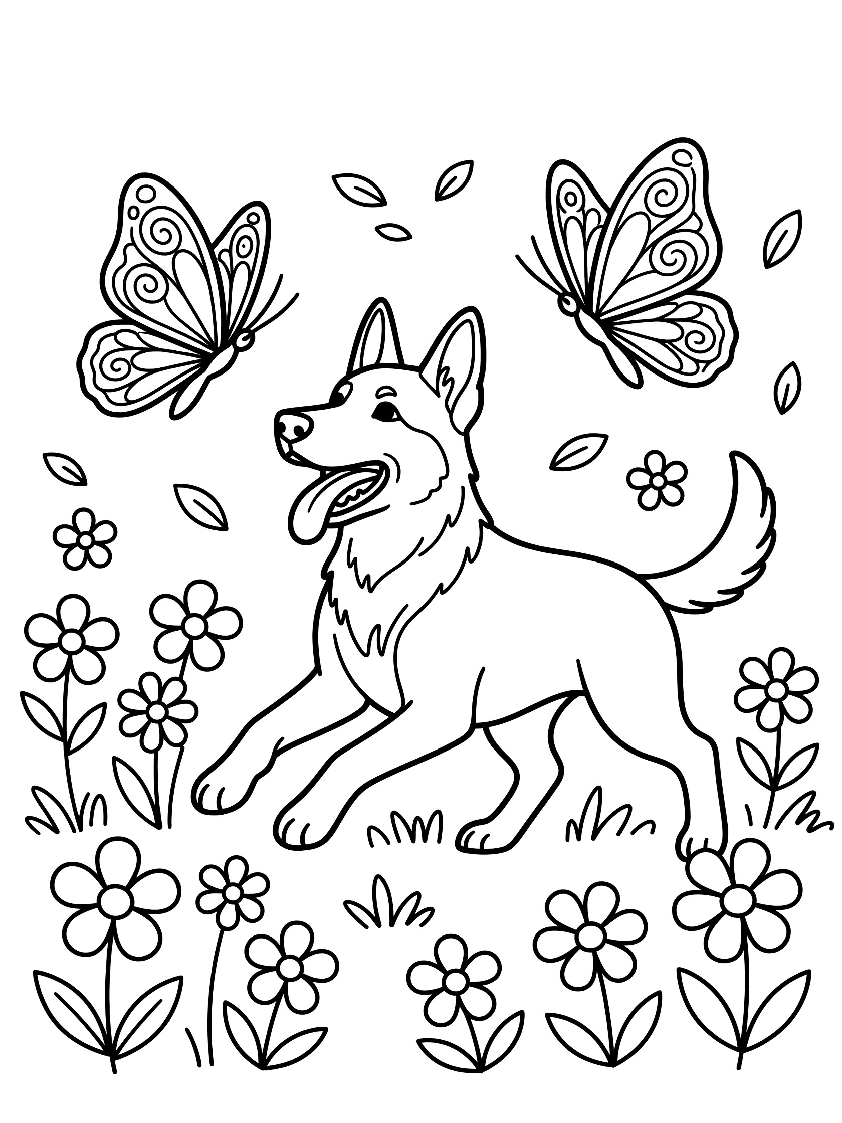 Black and white line art coloring page showing a German Shepherd dog with tongue out chasing detailed butterflies amid scattered flowers and leaves.