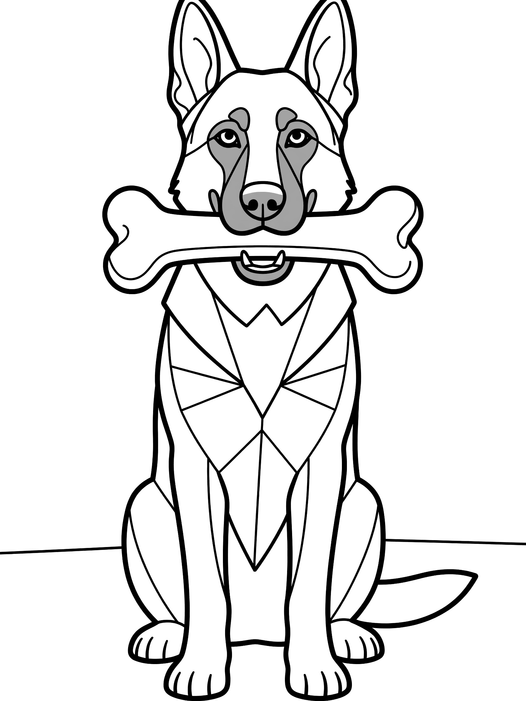 Black and white line art coloring page showing a German Shepherd dog sitting with a large knobby bone in its mouth, geometric fur patterns, simple ground line, pure white background.