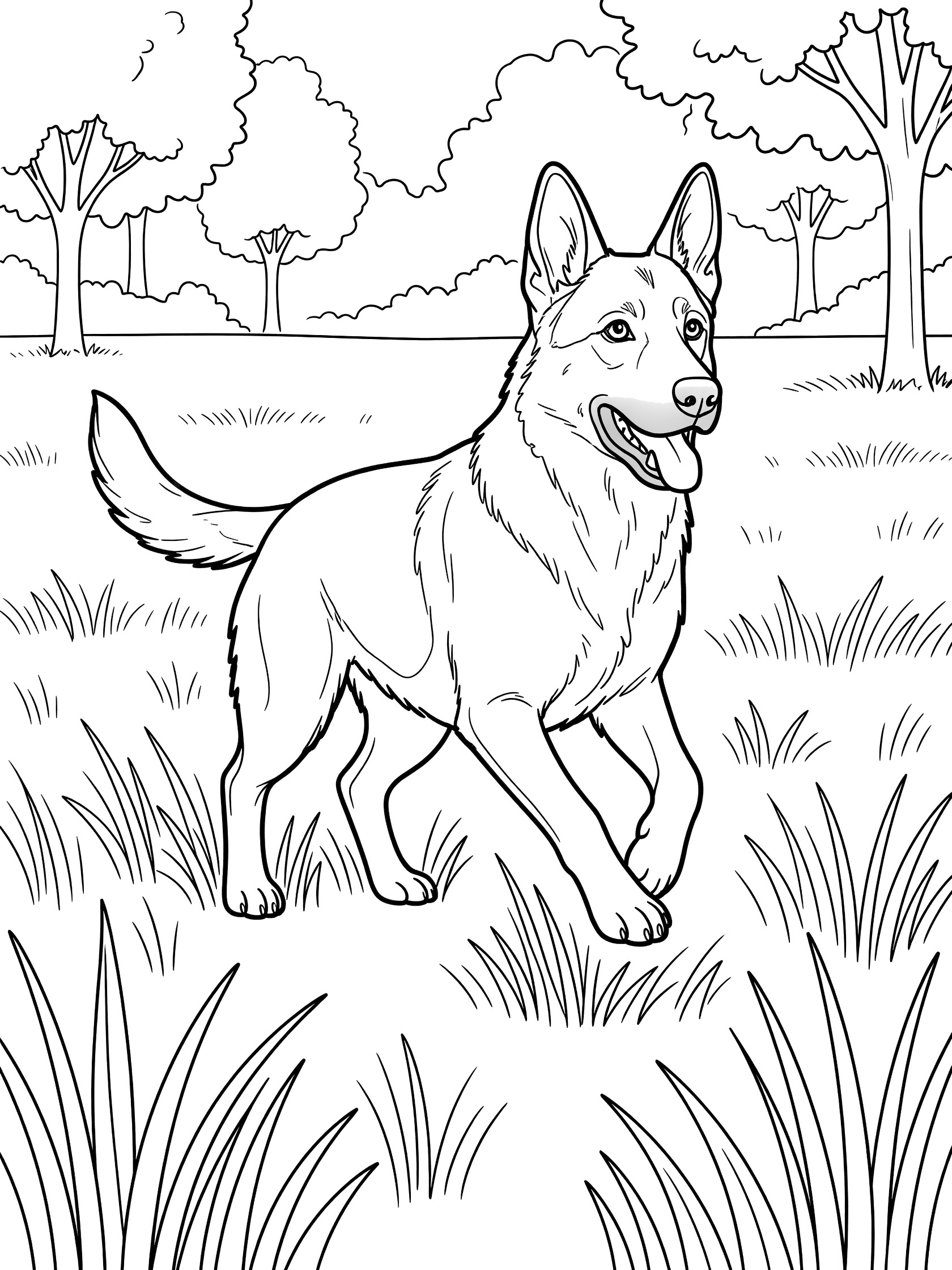 Black and white line art coloring page showing a German Shepherd dog mid-stride in tall grass, with distant trees and pure white background.