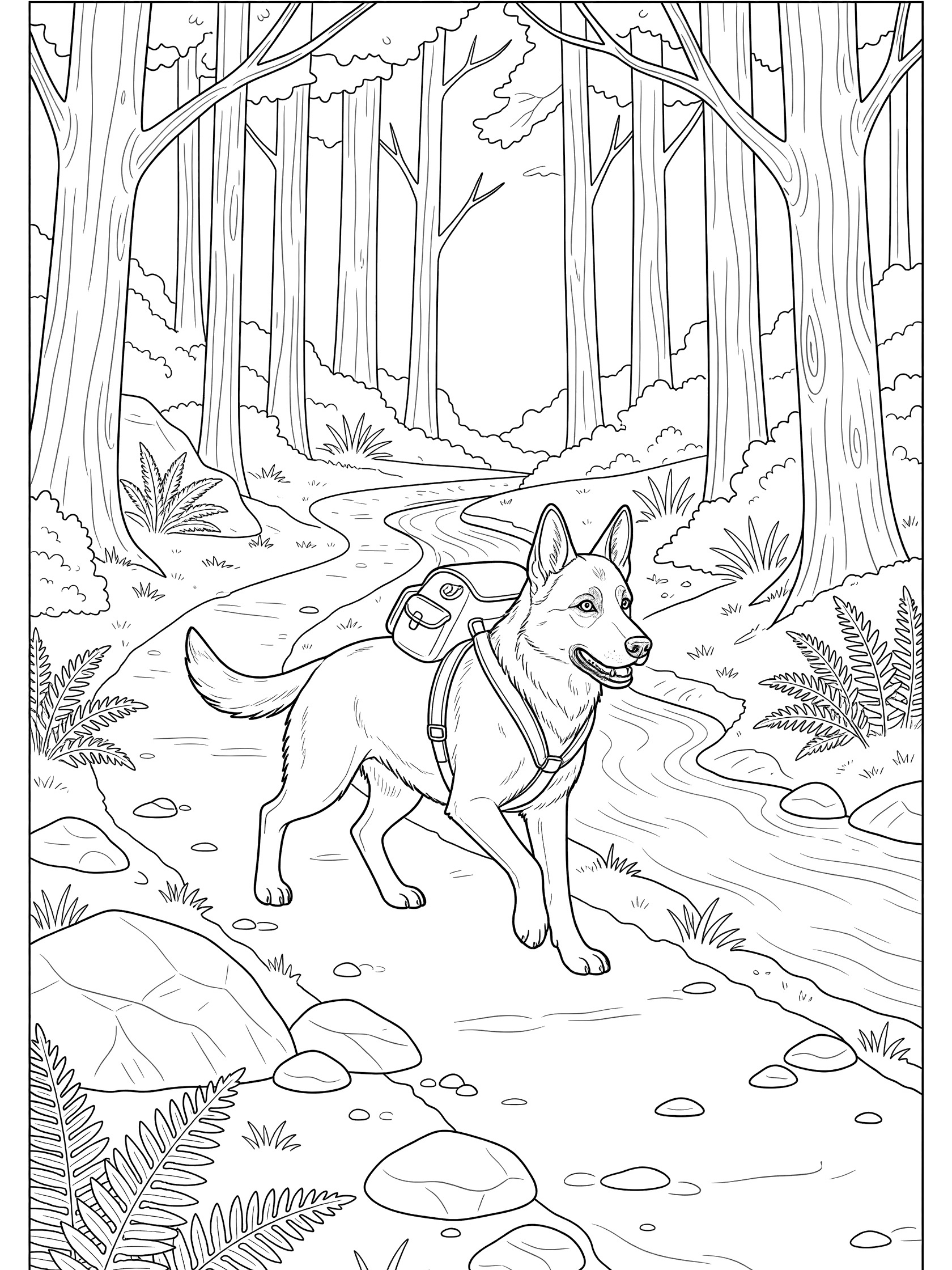 Black and white line art of a German Shepherd dog carrying a backpack, trotting along a winding forest trail with trees, ferns, rocks, and a stream.
