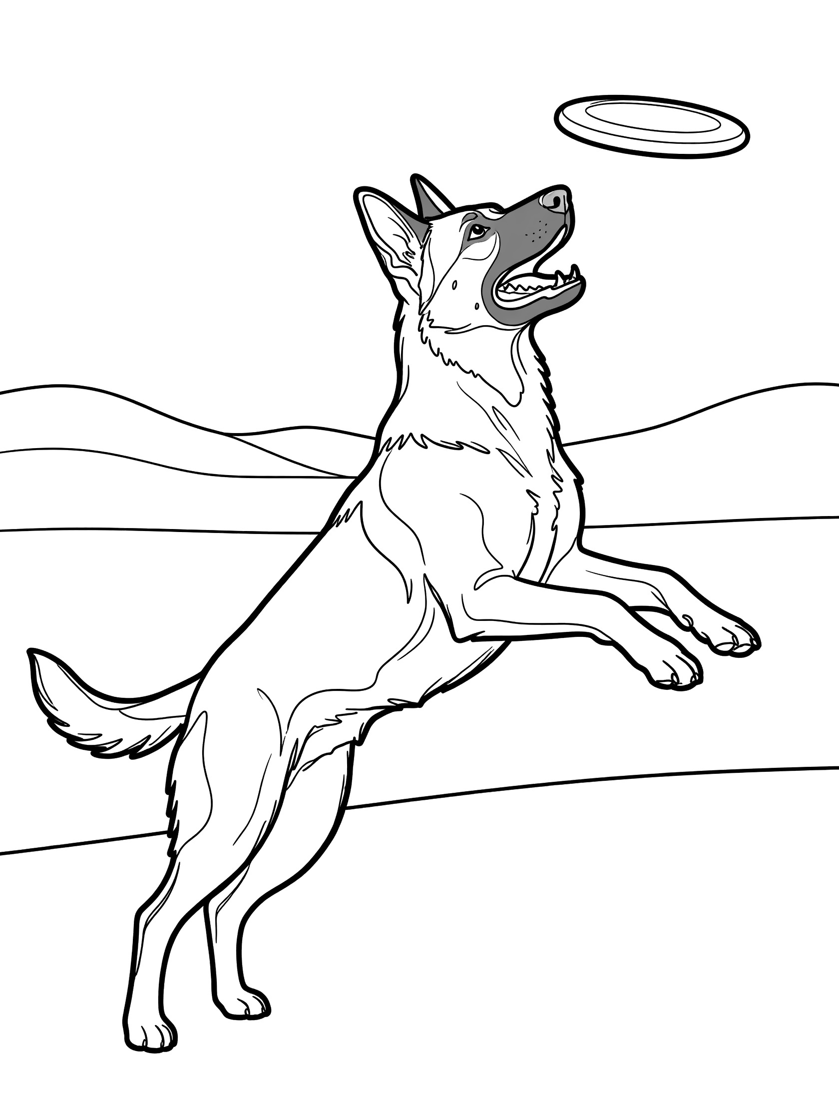 Black and white line art coloring page showing a German Shepherd dog jumping dynamically with mouth open to catch a flying frisbee over an open field with hills.