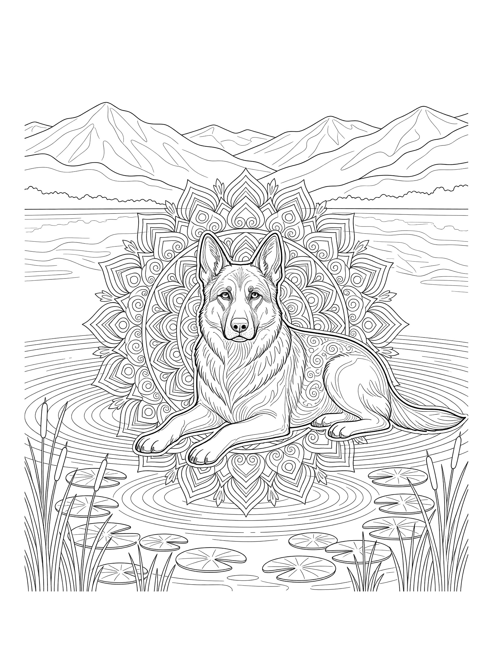 Black and white line art coloring page showing a detailed German Shepherd dog in mandala pattern lying by a lake edge with lily pads, reeds, water ripples, and distant mountains.