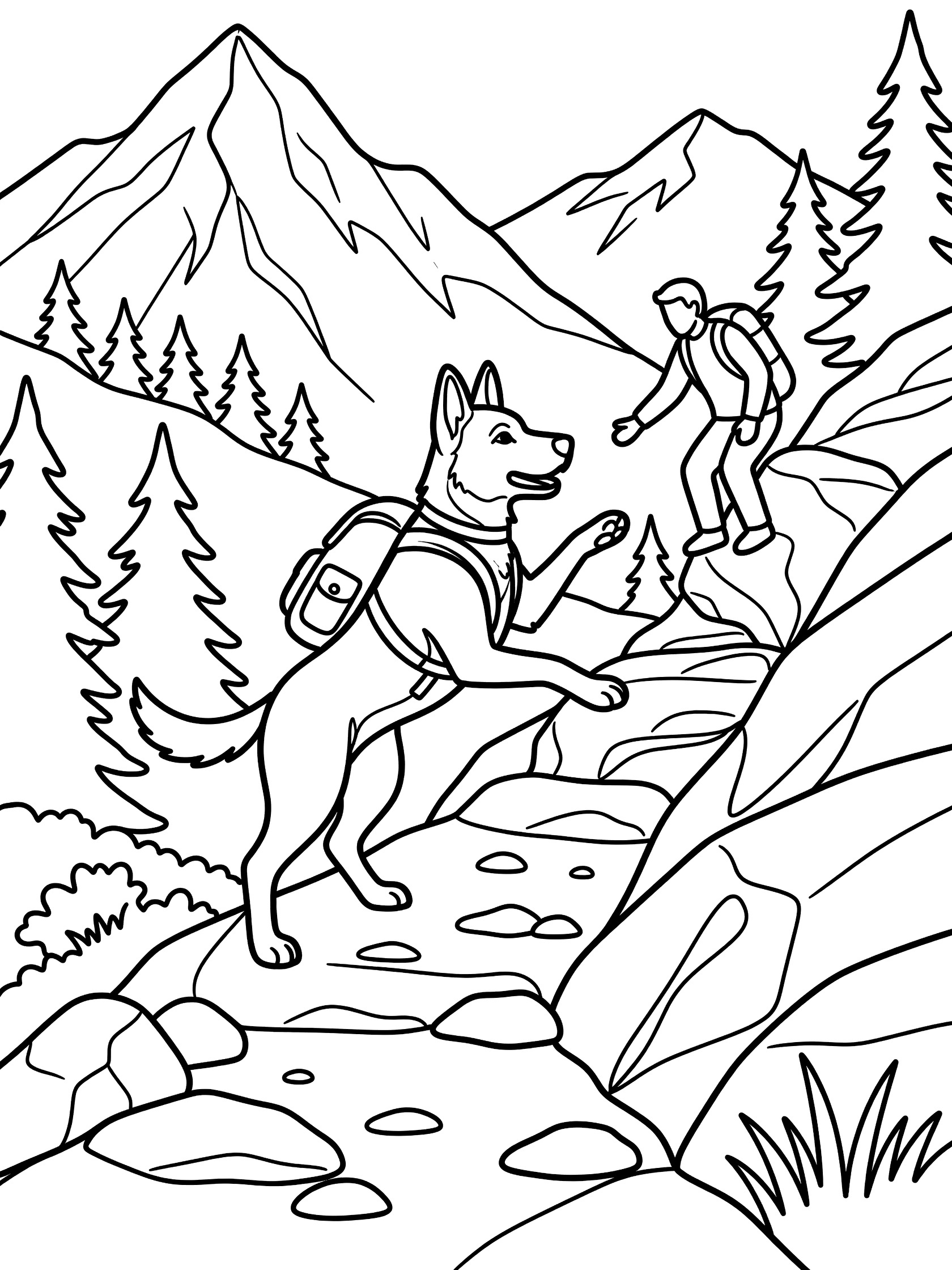 Black and white line art coloring page showing a German Shepherd dog extending paw to hiker on mountain trail with rocks, pine trees, and snowy peaks