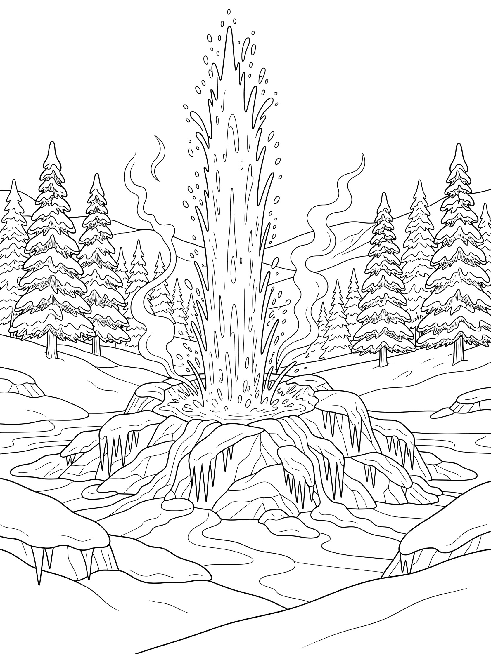 Black and white line art coloring page showing a tall geyser spraying water and steam upwards from snowy rocks surrounded by evergreen trees and icicles in a winter forest.