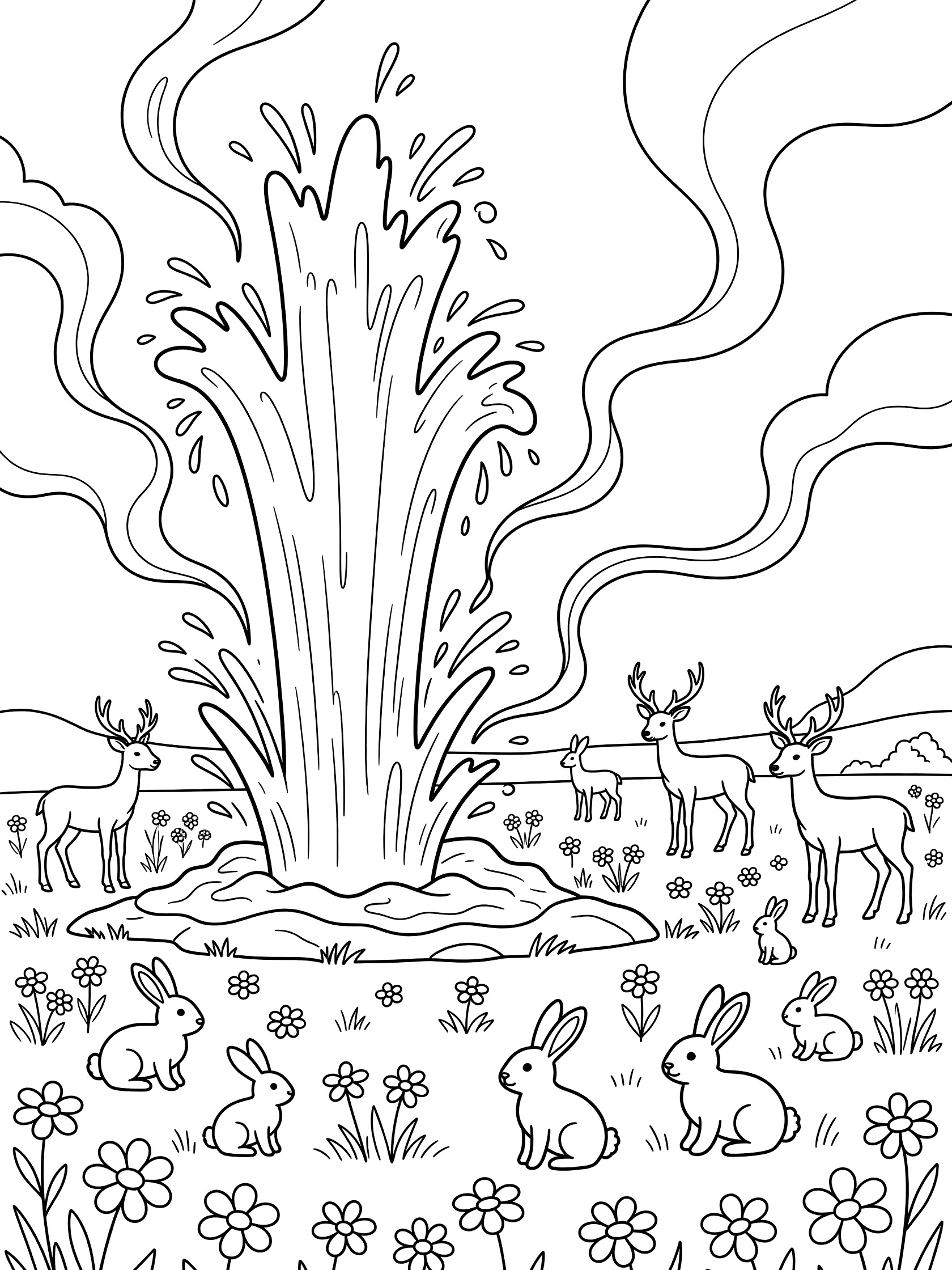 Black and white line art coloring page showing a tall geyser erupting steam and water, surrounded by deer and rabbits standing in a meadow with wildflowers.