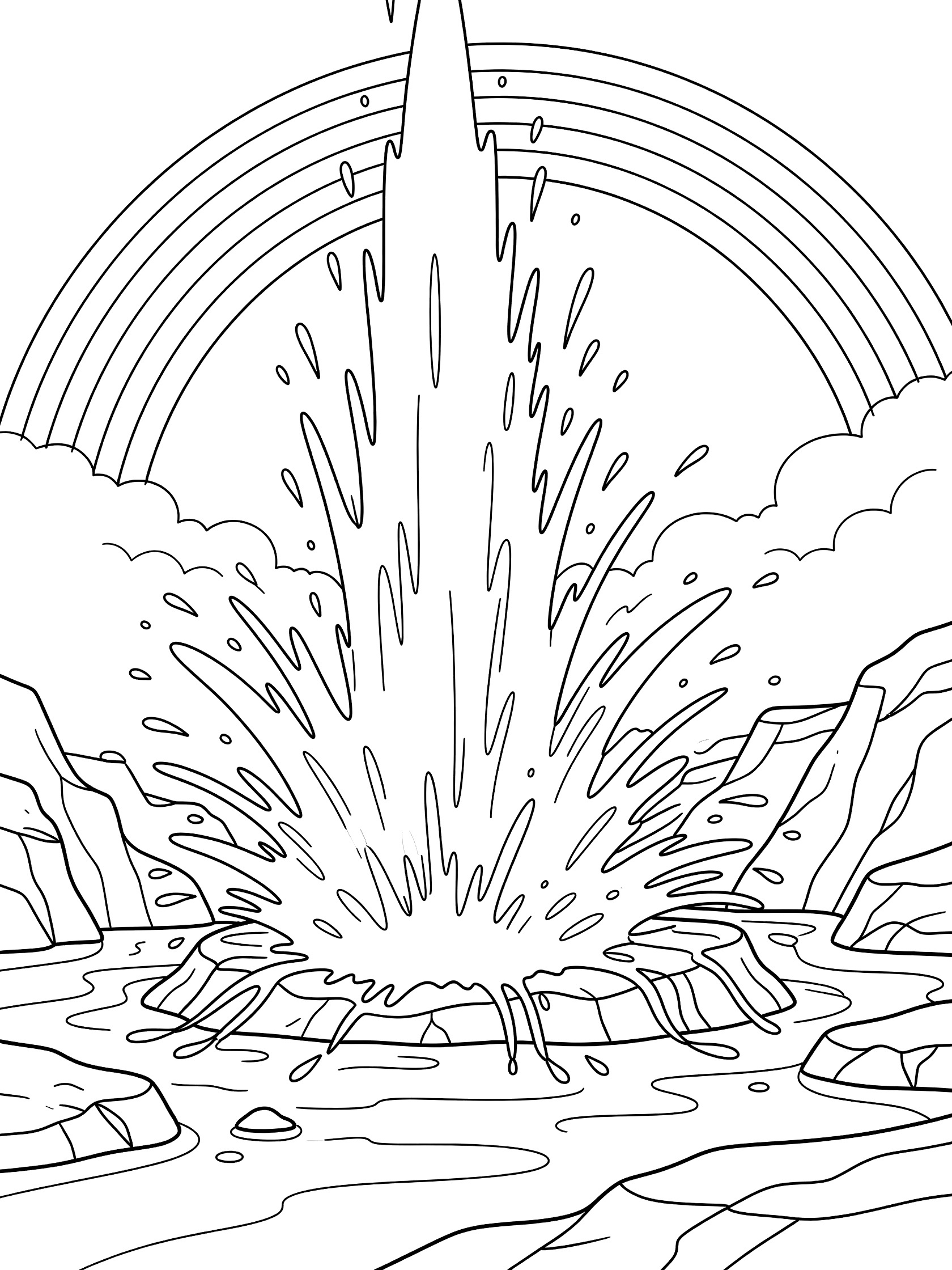 Printable coloring page showing a powerful geyser erupting water into the sky with a curved rainbow in the mist, surrounded by rocks and puddles.