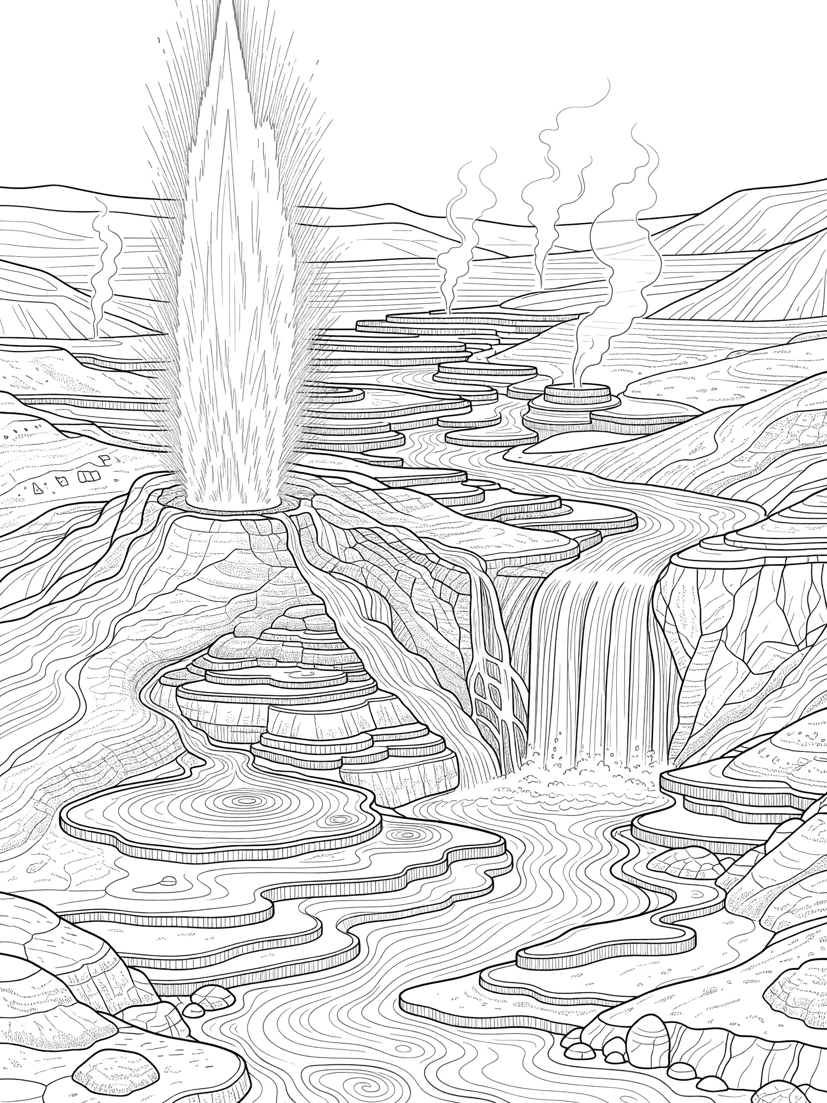 Black and white line art coloring page showing a geyser erupting high with water spray, beside a cascading waterfall over layered rock terraces and steaming pools in a rocky valley.