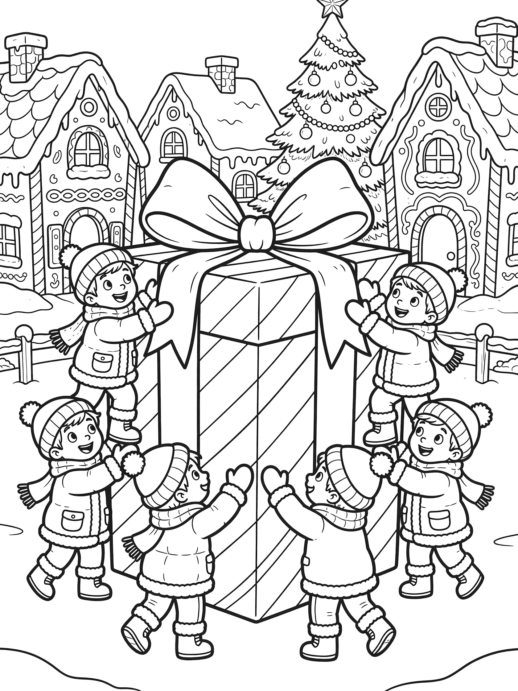 Black and white coloring page of excited kids in winter clothes climbing a giant holiday present topped with floppy bow, in snowy Christmas village with gingerbread houses and decorated tree.