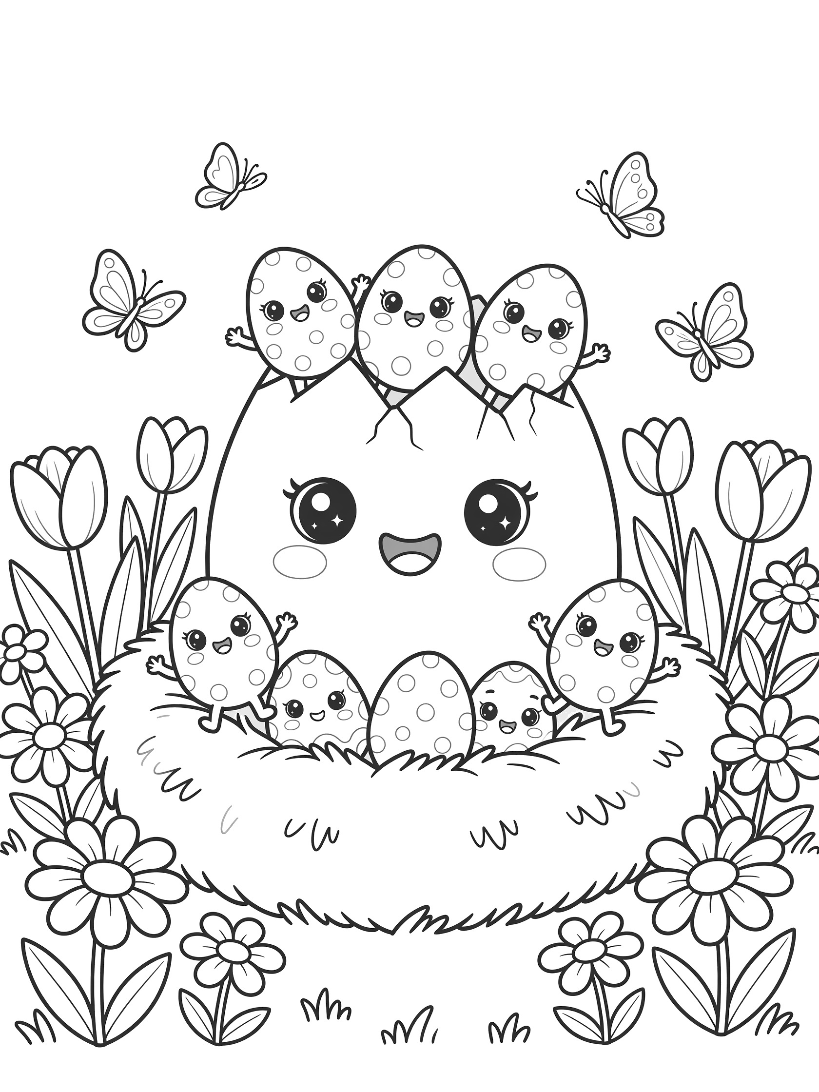 Printable coloring page showing a giant Easter egg with big eyes and smile hatching tiny baby Easter eggs from a crack, surrounded by flowers and butterflies in a nest.