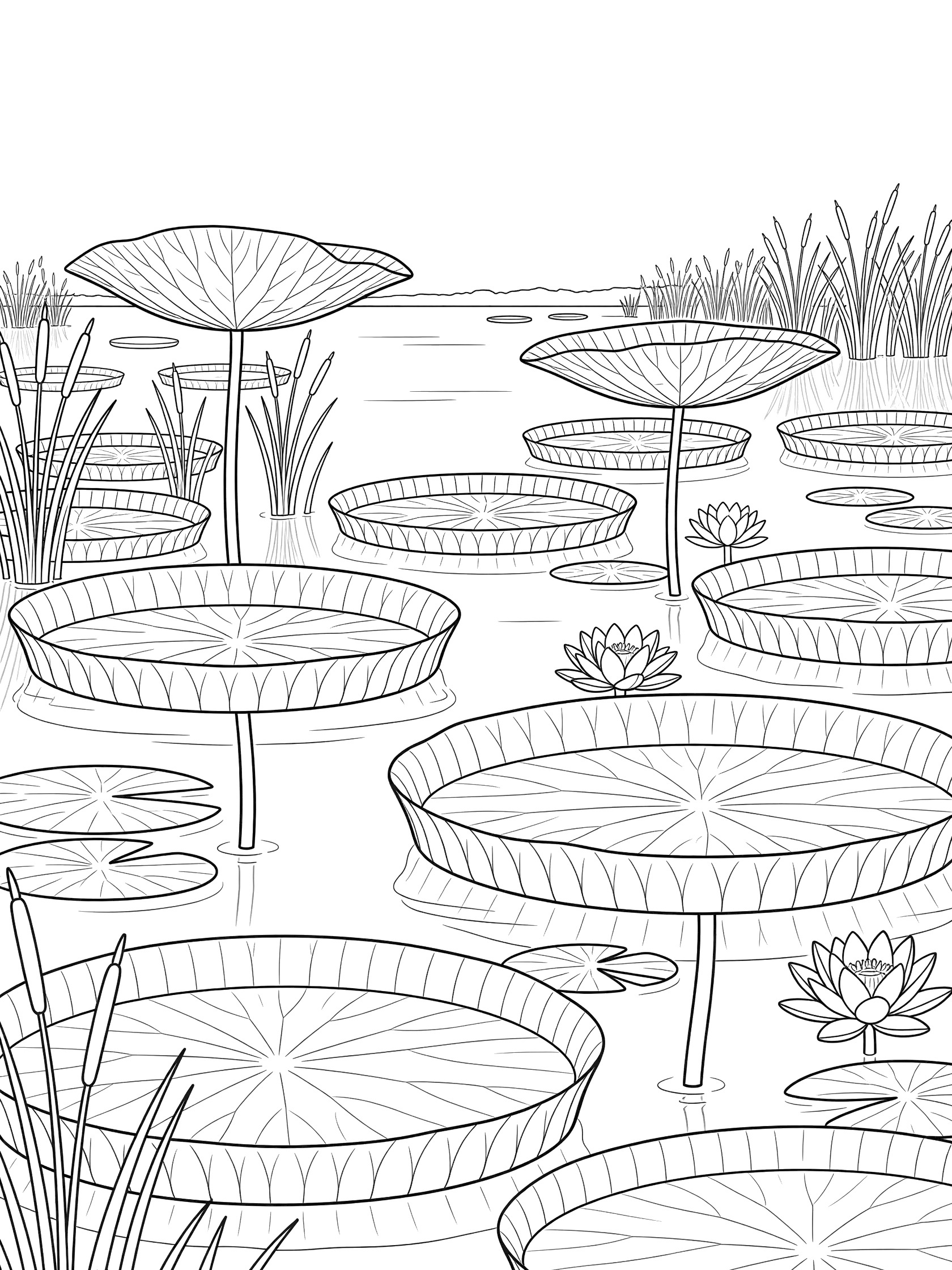 Black and white line art coloring page showing large round lily pads with stems in water, some with open flowers, surrounded by tall reeds on a calm water surface. Amazon River themed black and white printable line art